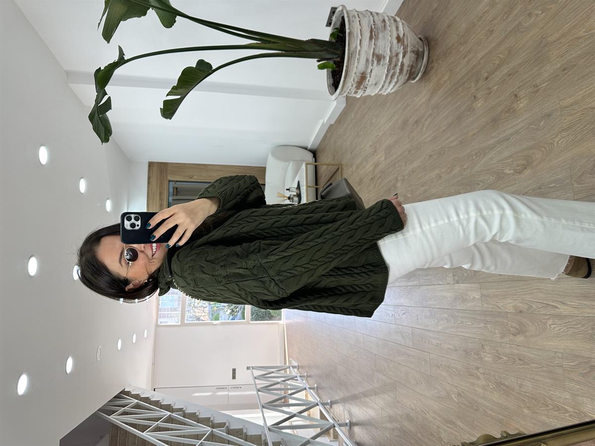 Yarım Fermuarlı Örgü Desen Kazak-Haki