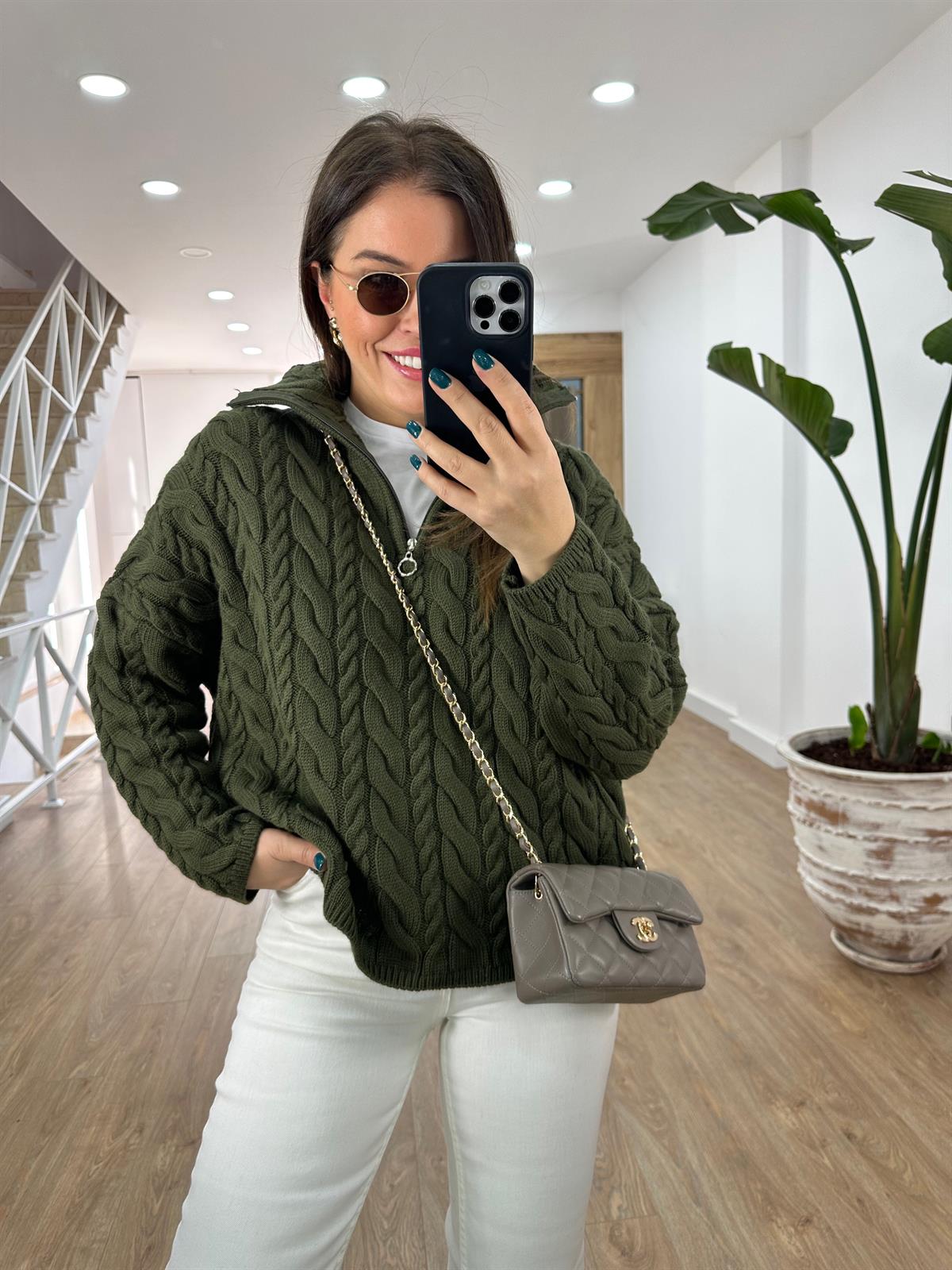 Yarım Fermuarlı Örgü Desen Kazak-Haki