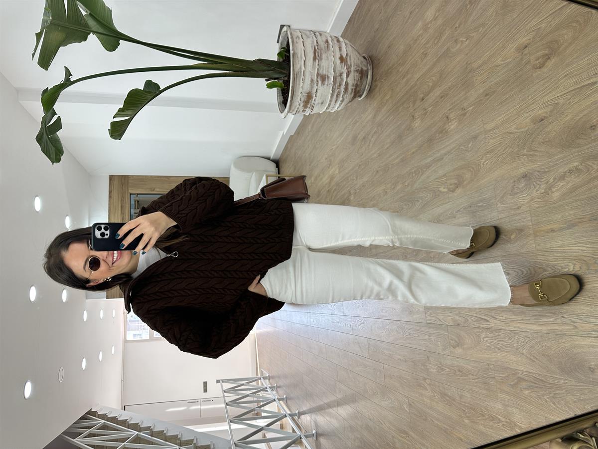 Yarım Fermuarlı Örgü Desen Kazak-Kahverengi