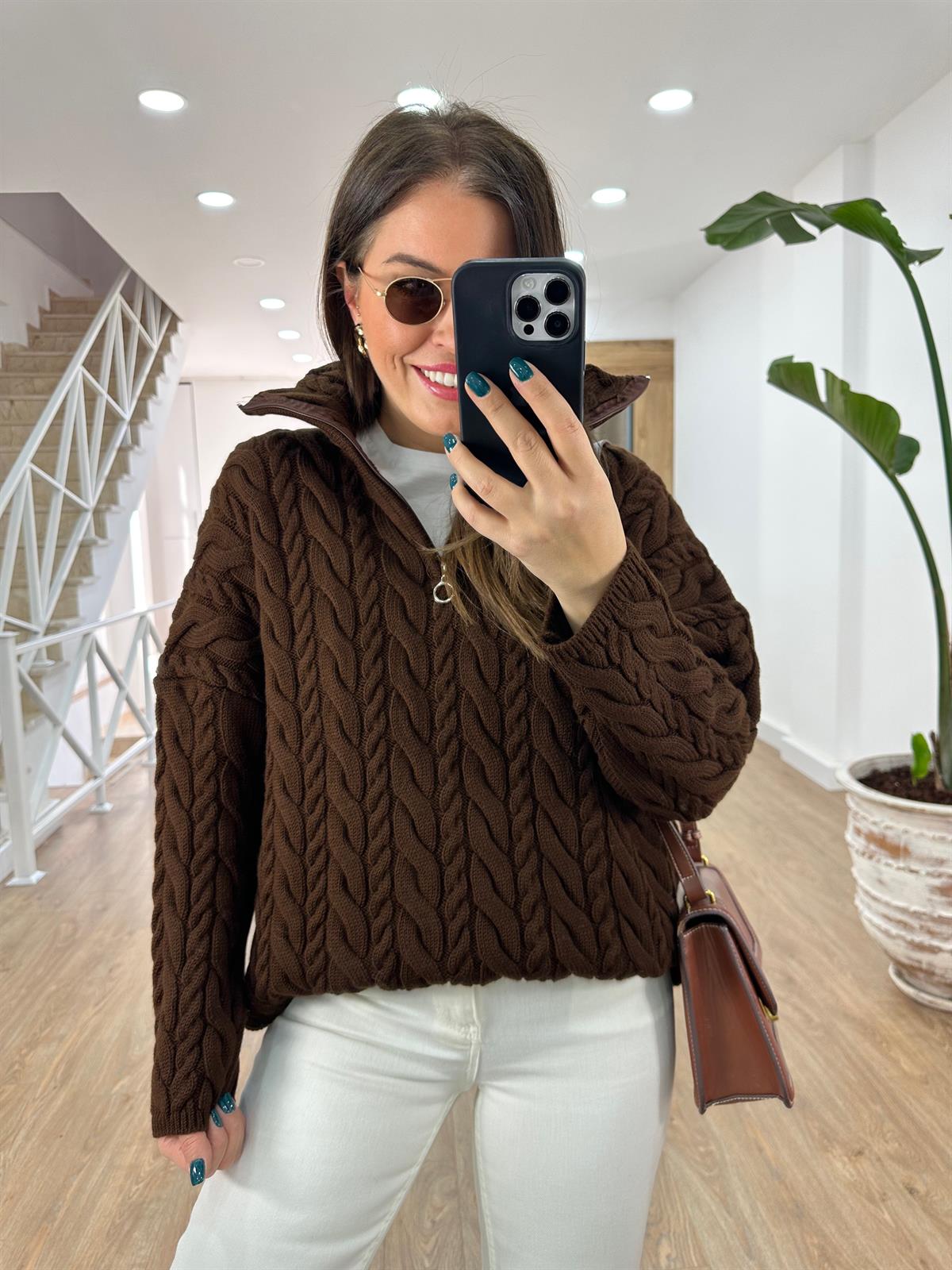 Yarım Fermuarlı Örgü Desen Kazak-Kahverengi