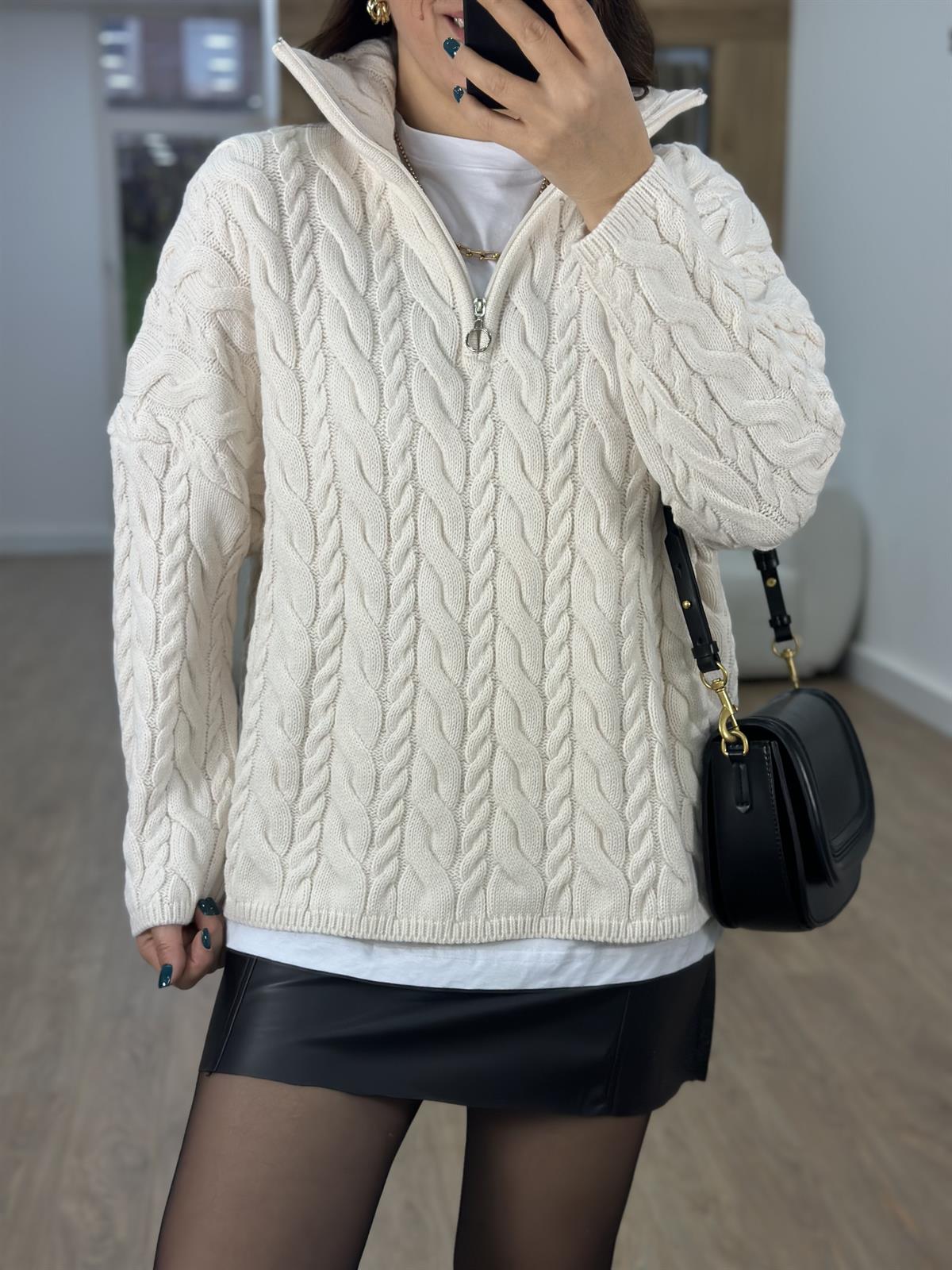 Yarım Fermuarlı Örgü Desen Kazak-Krem