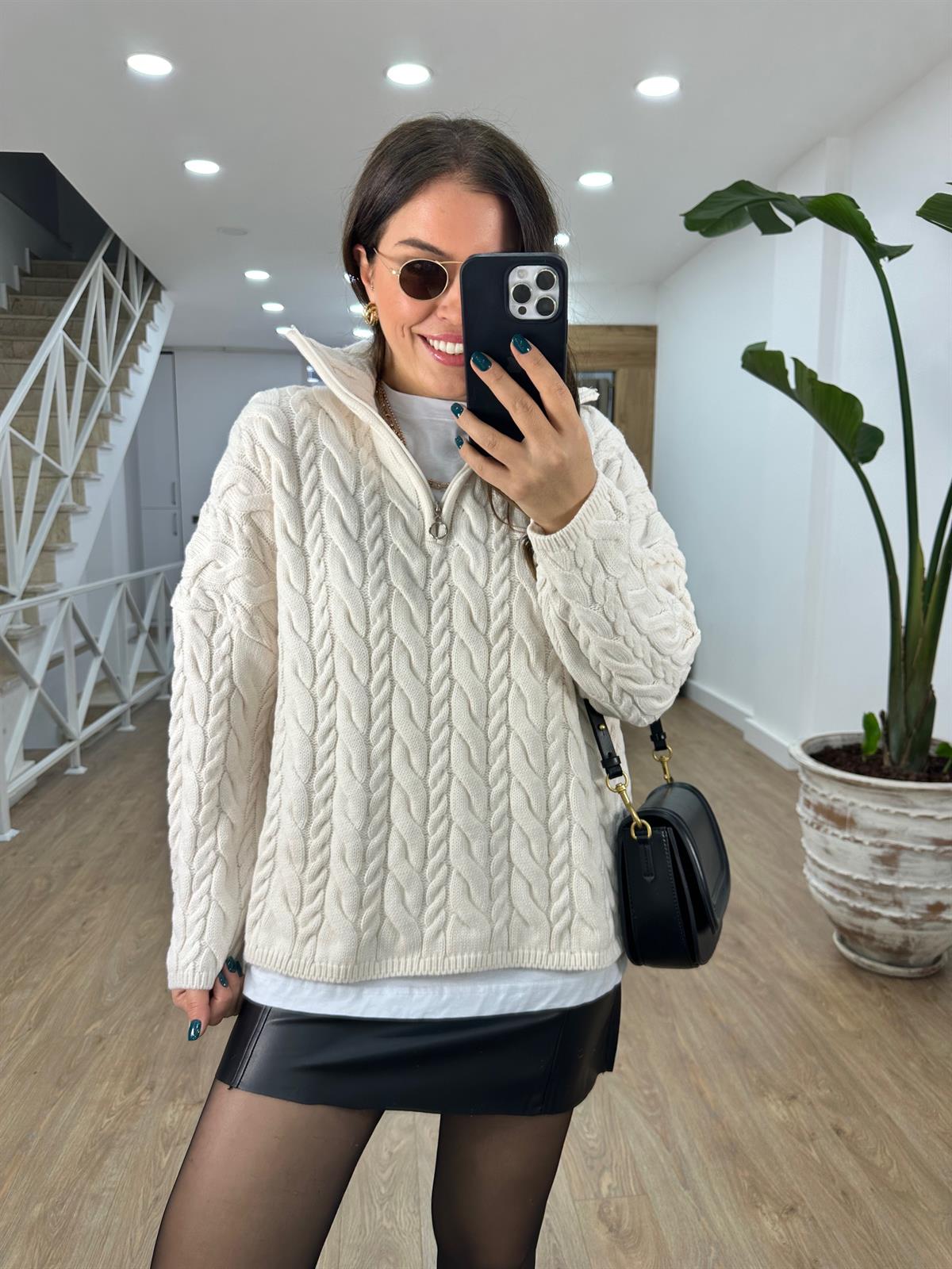 Yarım Fermuarlı Örgü Desen Kazak-Krem