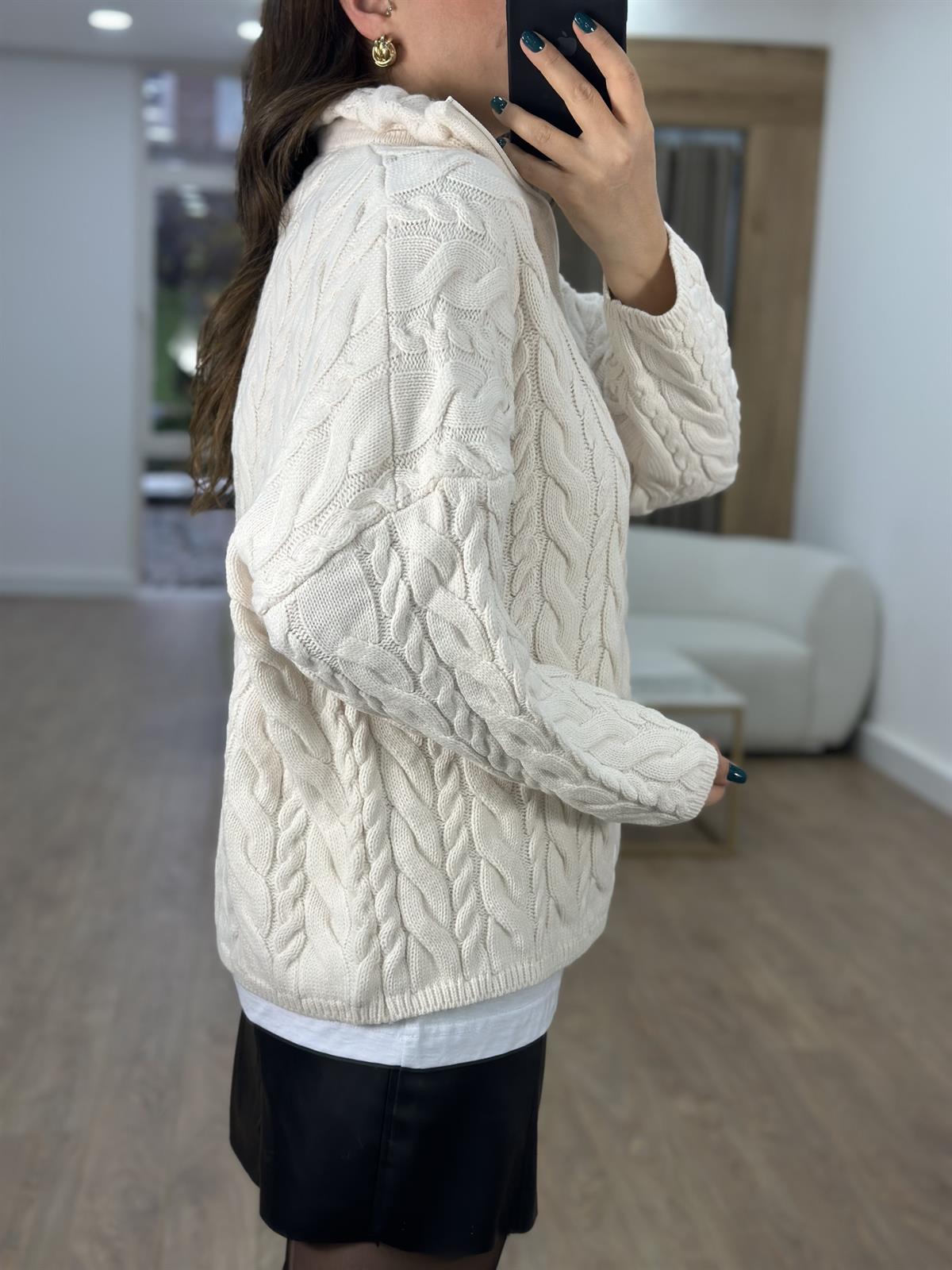 Yarım Fermuarlı Örgü Desen Kazak-Krem