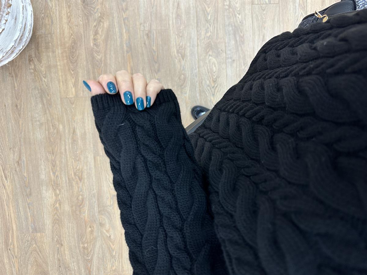 Yarım Fermuarlı Örgü Desen Kazak-Siyah