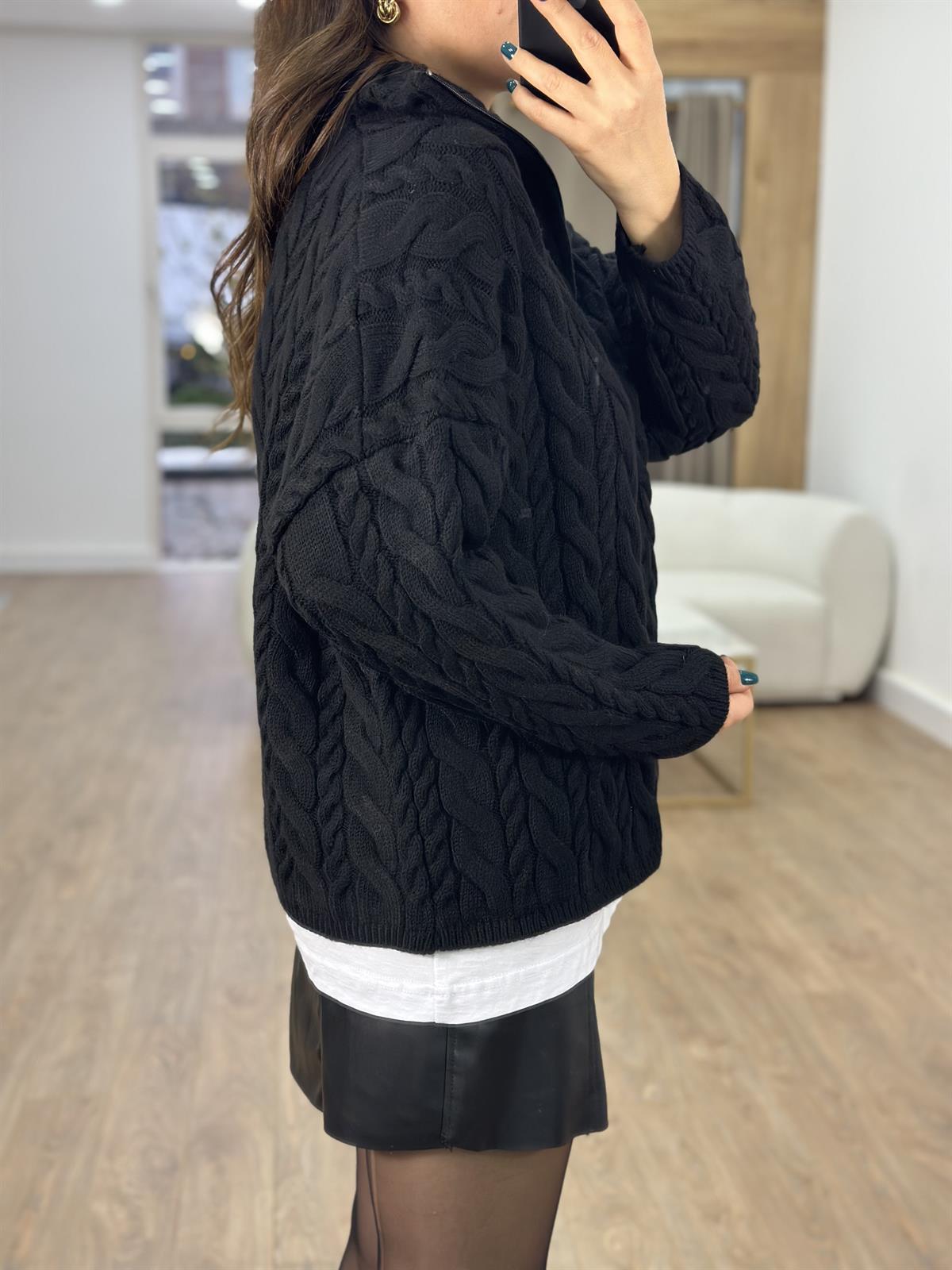 Yarım Fermuarlı Örgü Desen Kazak-Siyah