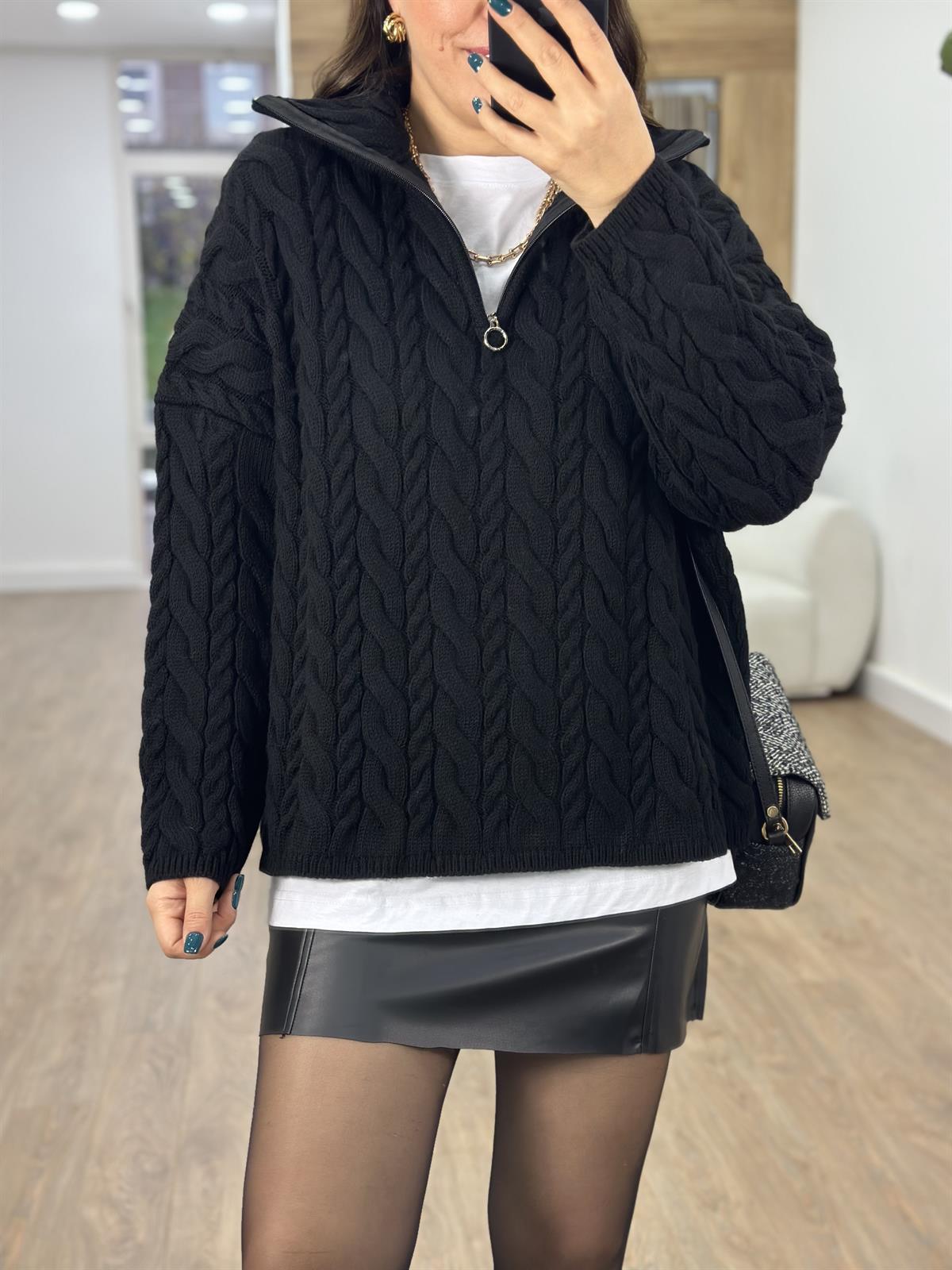 Yarım Fermuarlı Örgü Desen Kazak-Siyah