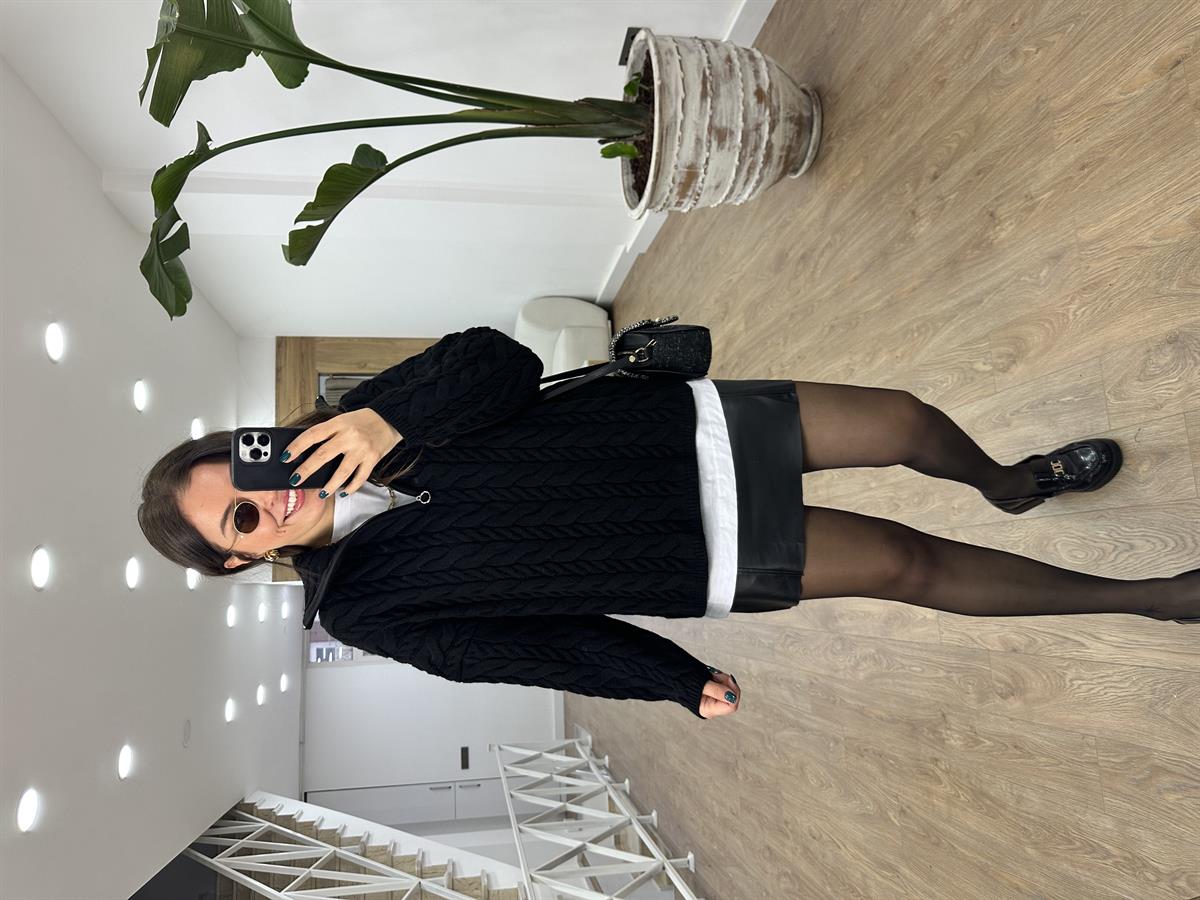 Yarım Fermuarlı Örgü Desen Kazak-Siyah