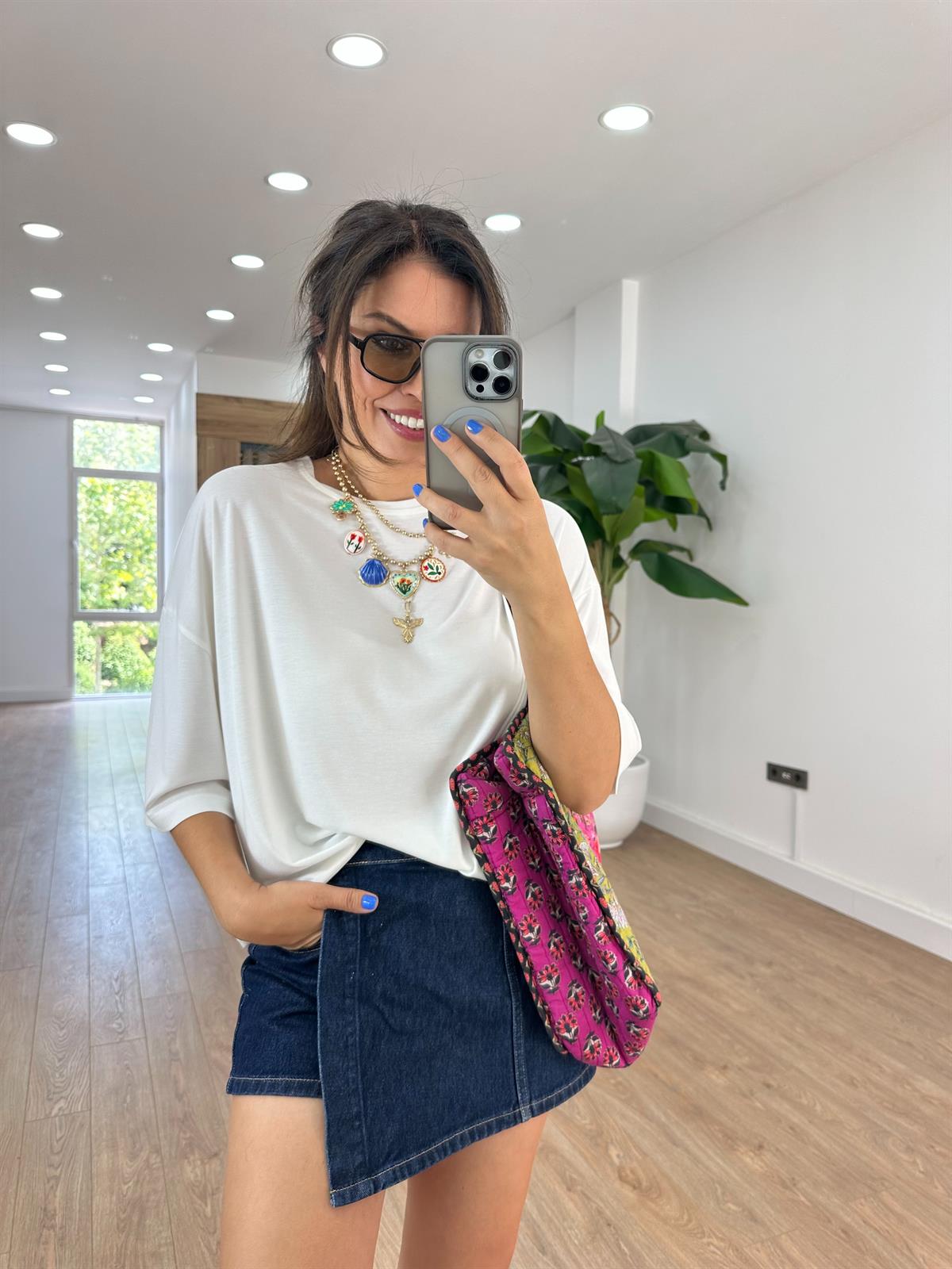 Yarım Kol Modal Salaş Bluz - Ekru