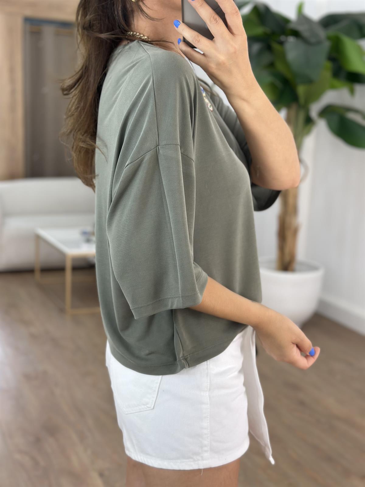 Yarım Kol Modal Salaş Bluz - Haki