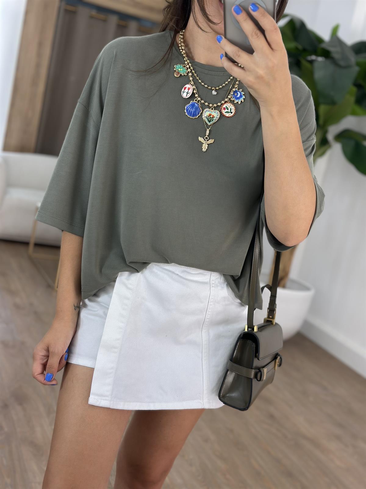 Yarım Kol Modal Salaş Bluz - Haki