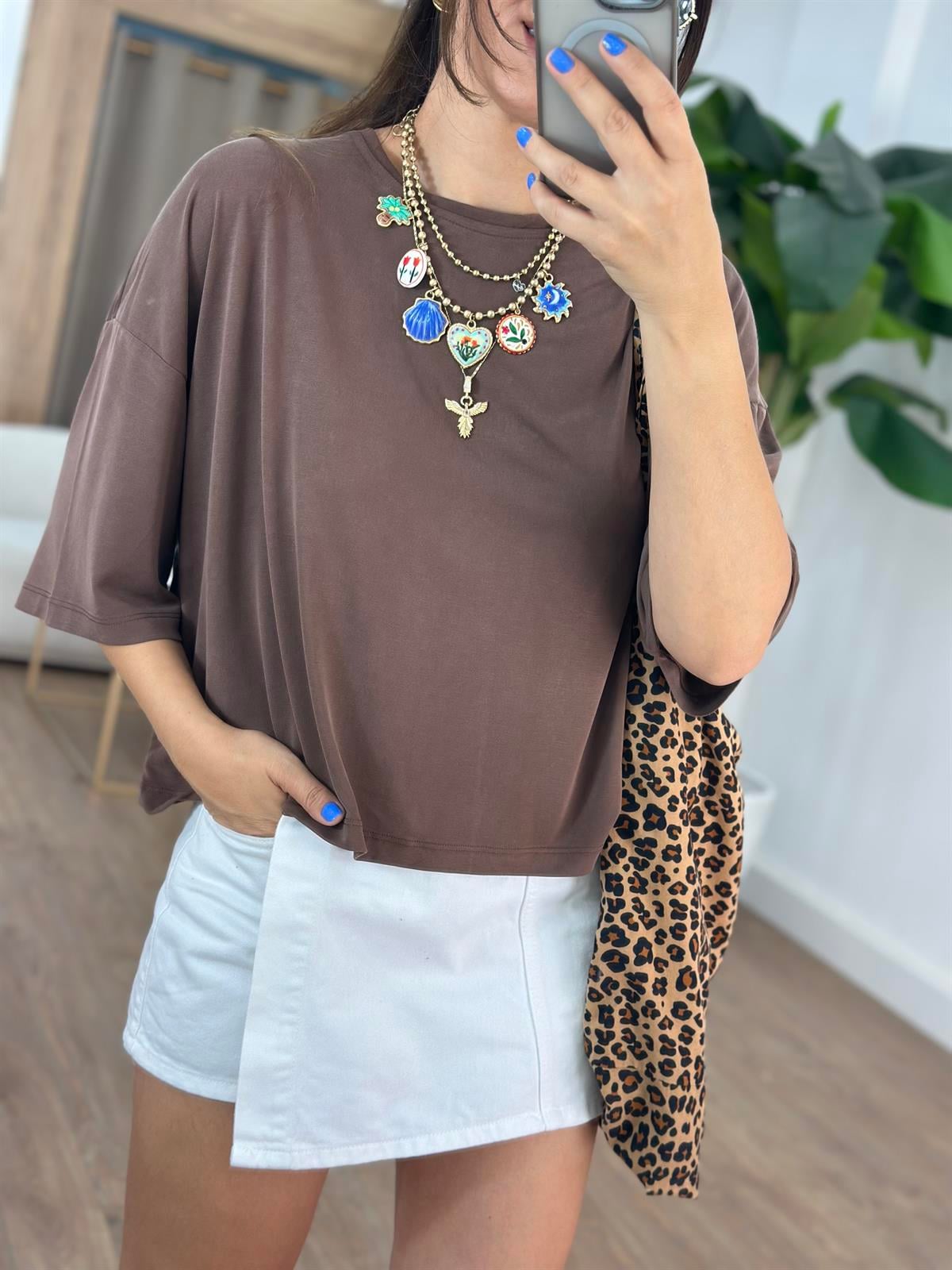 Yarım Kol Modal Salaş Bluz - Kahverengi