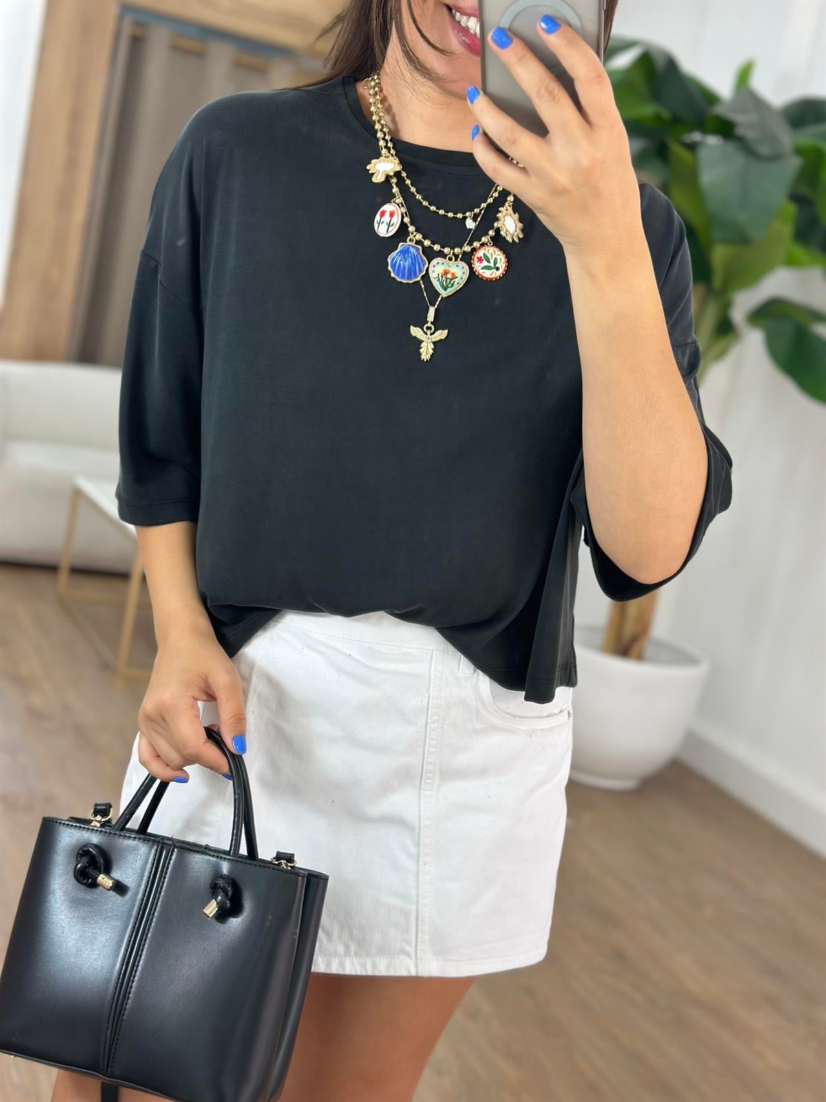 Yarım Kol Modal Salaş Bluz - Siyah