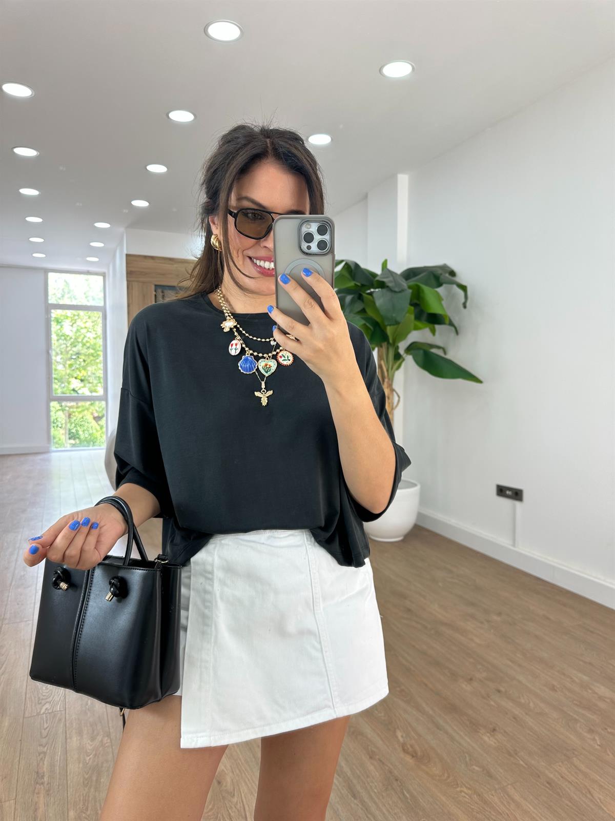 Yarım Kol Modal Salaş Bluz - Siyah