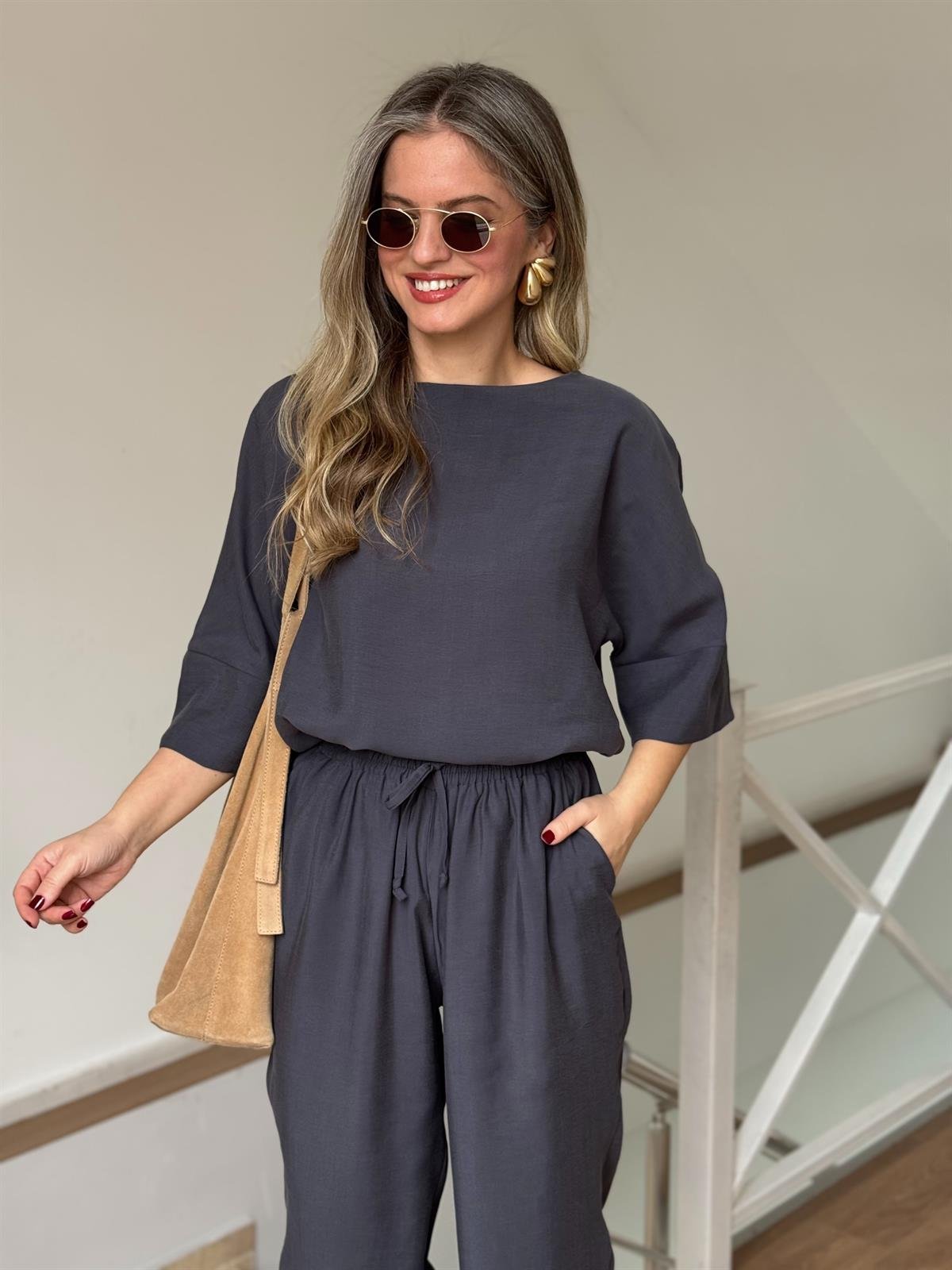 Yarım Kol Salaş Tencel Takım - Antrasit