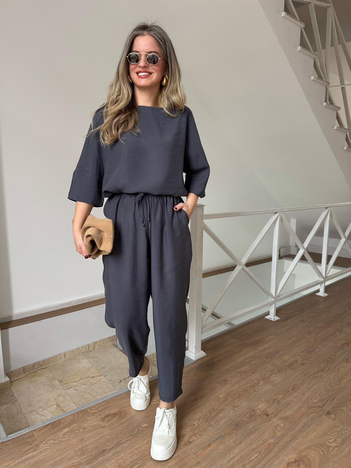 Yarım Kol Salaş Tencel Takım - Antrasit