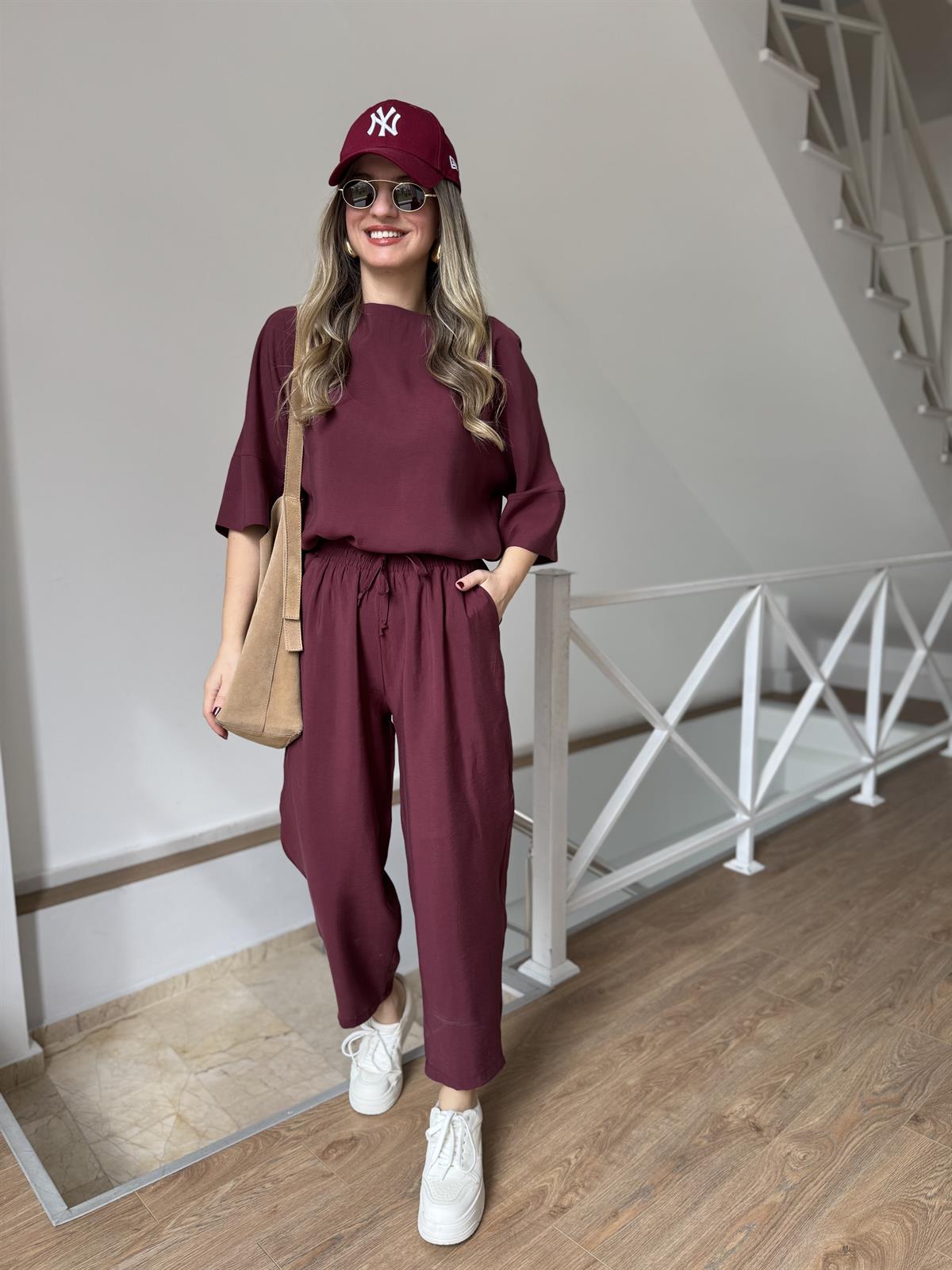 Yarım Kol Salaş Tencel Takım - Bordo