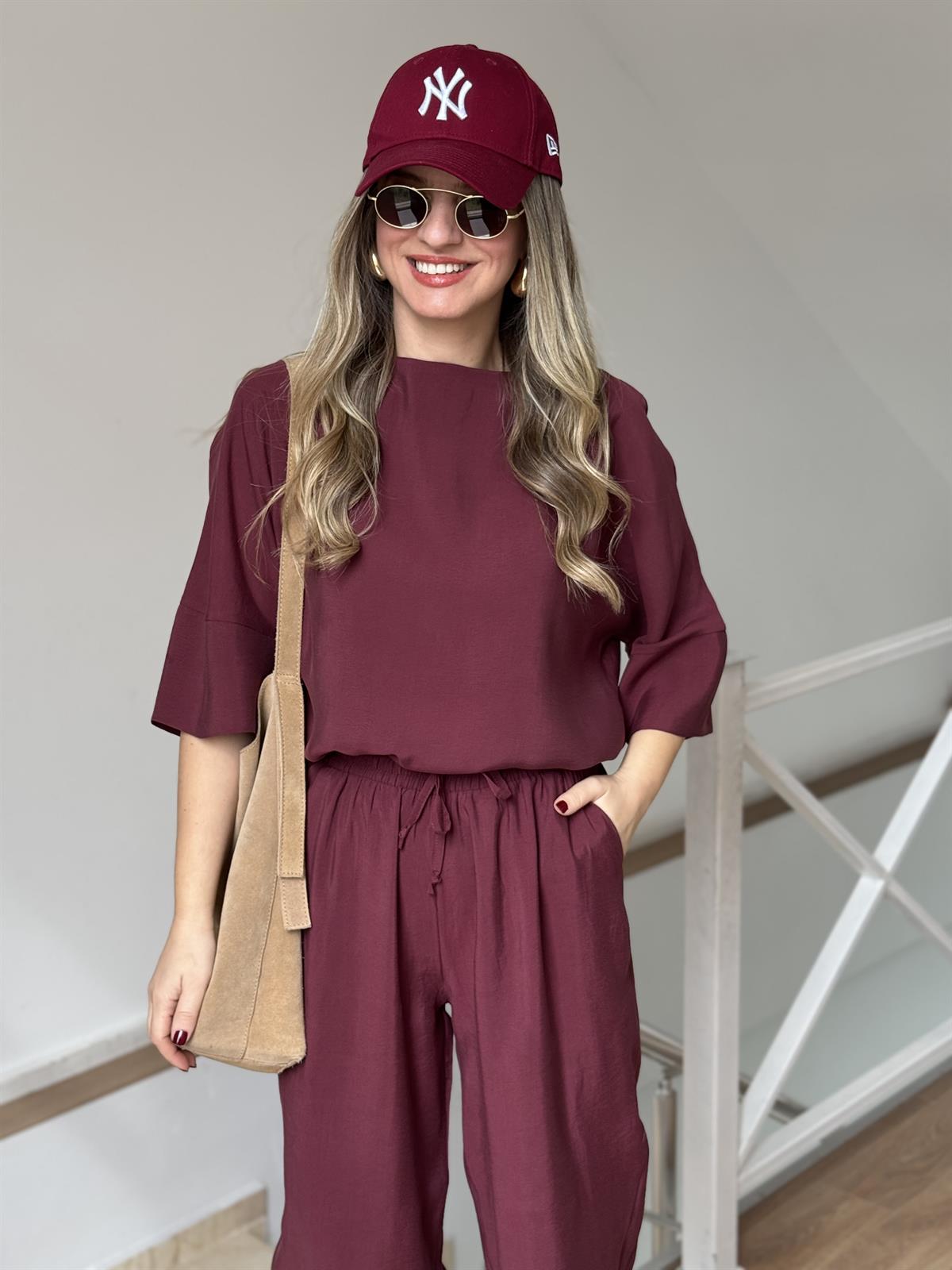 Yarım Kol Salaş Tencel Takım - Bordo