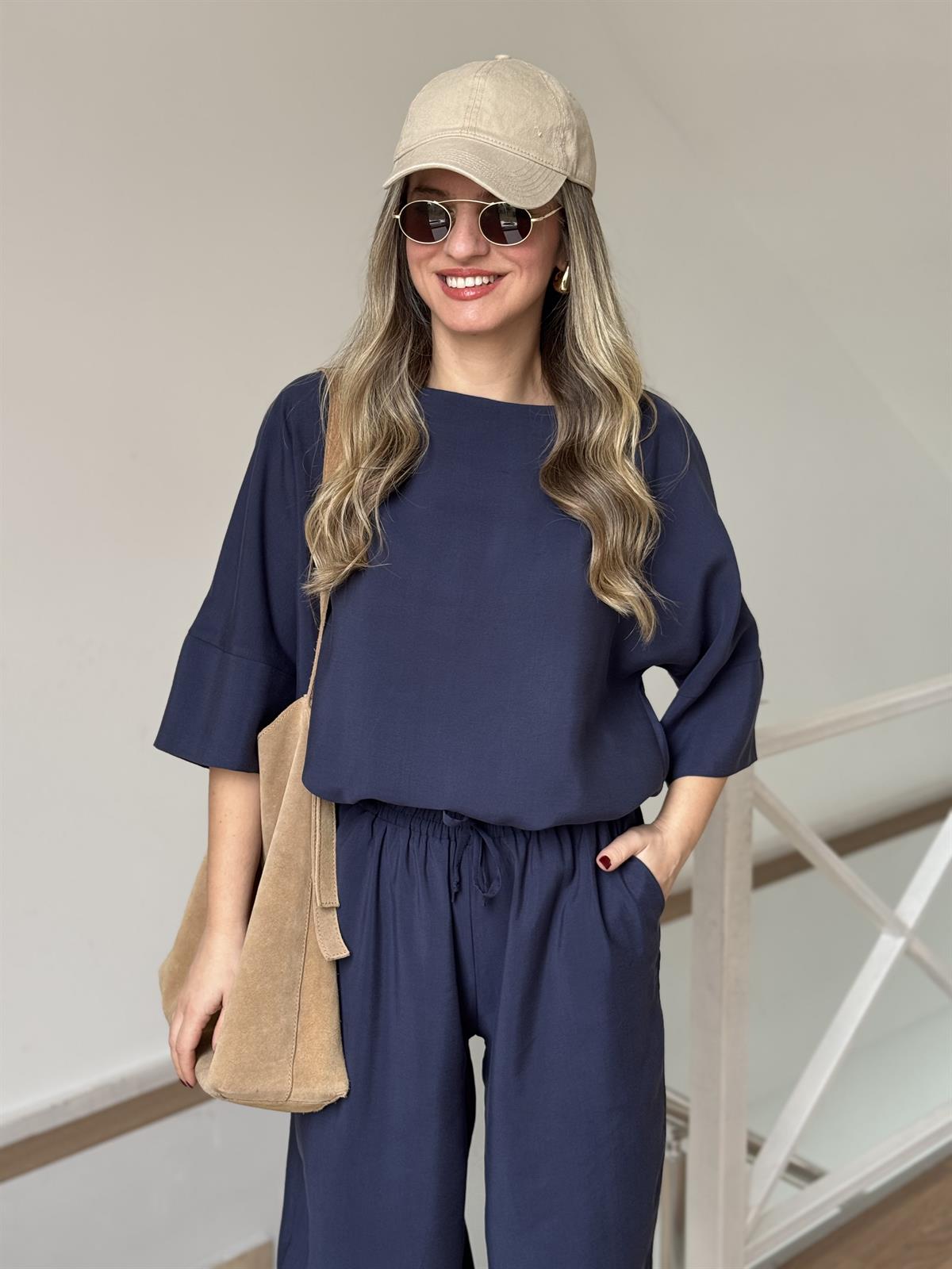 Yarım Kol  Salaş Tencel Takım - Lacivert