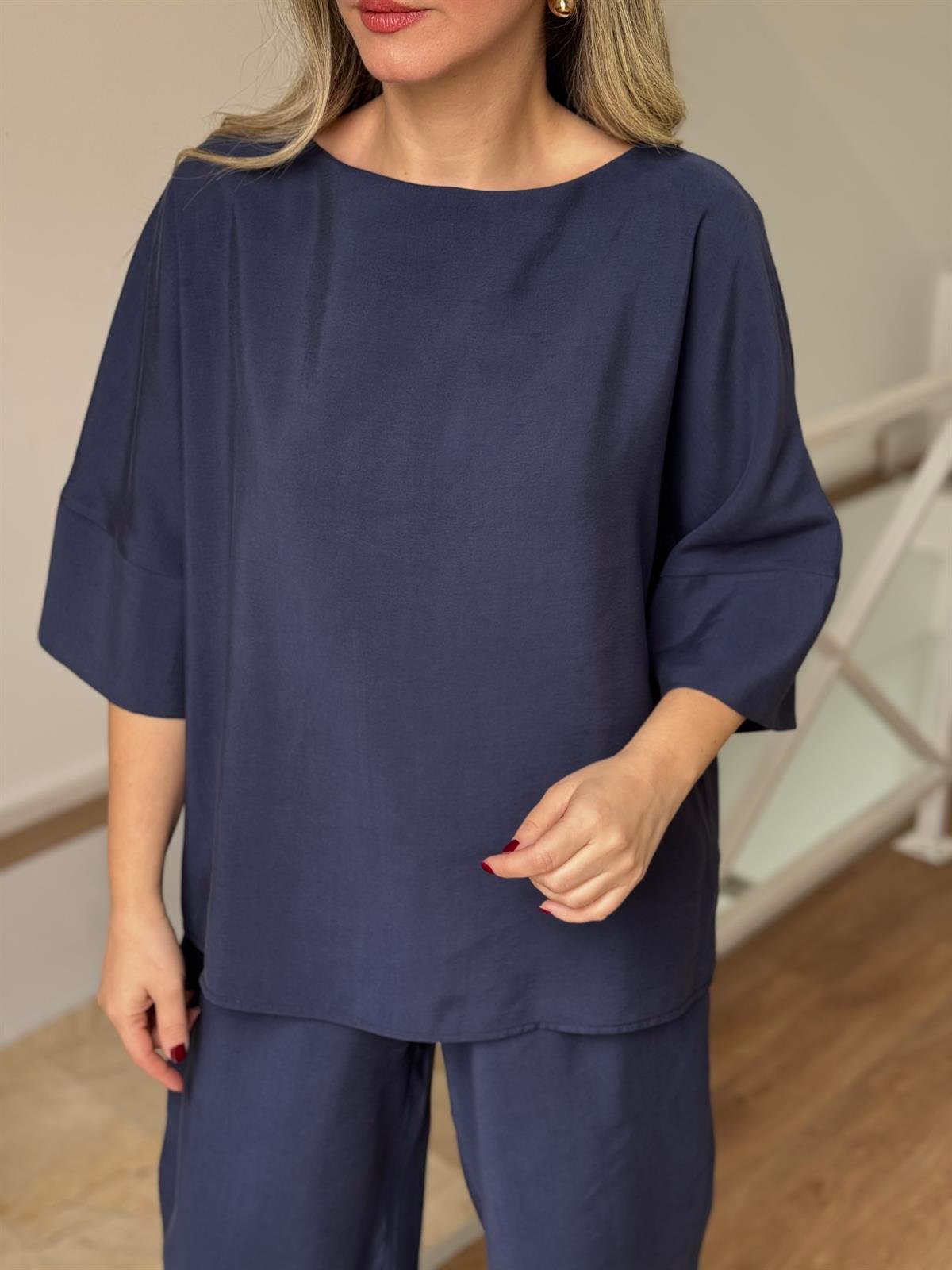 Yarım Kol  Salaş Tencel Takım - Lacivert