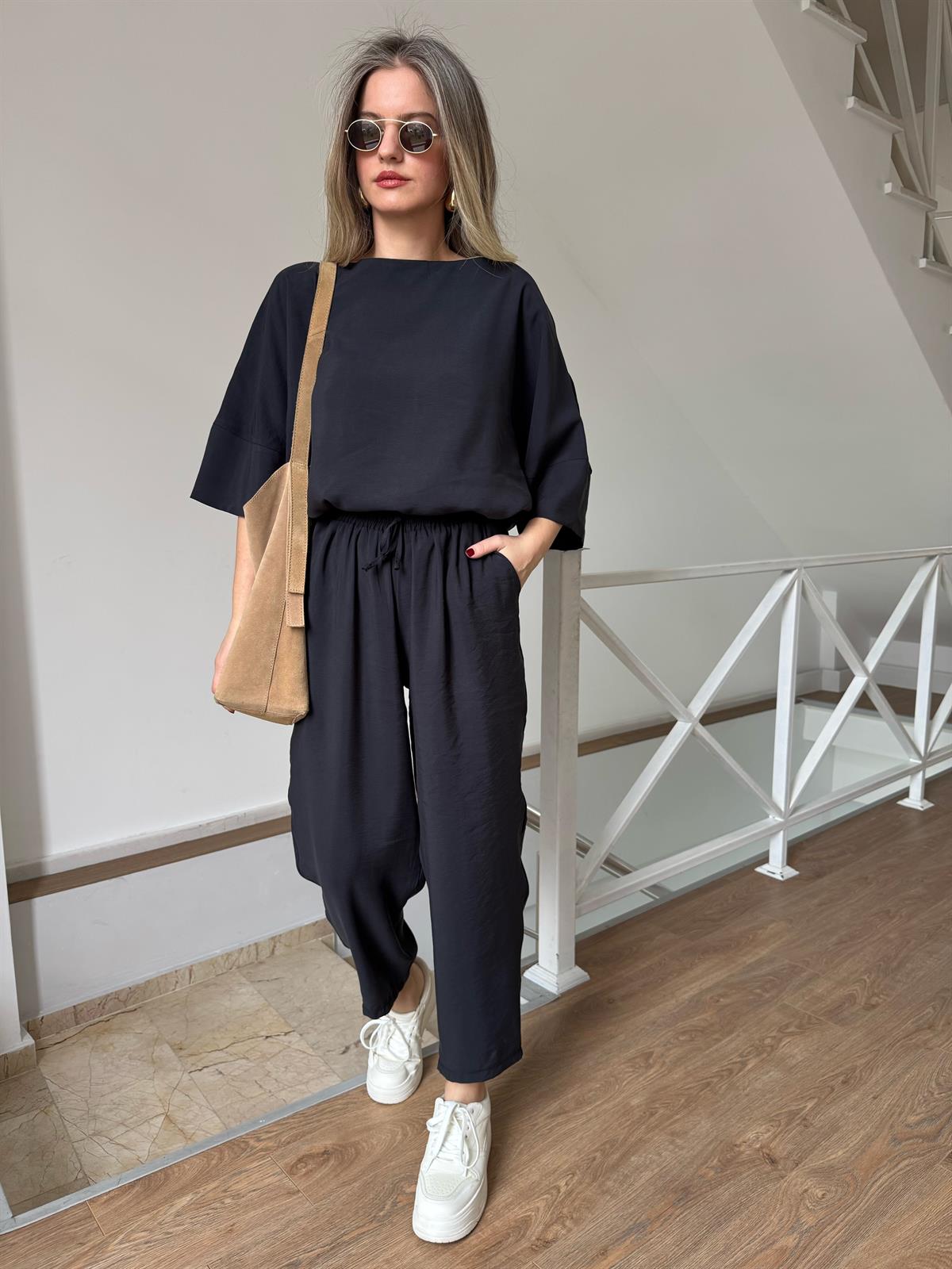 Yarım Kol Salaş Tencel Takım - Siyah