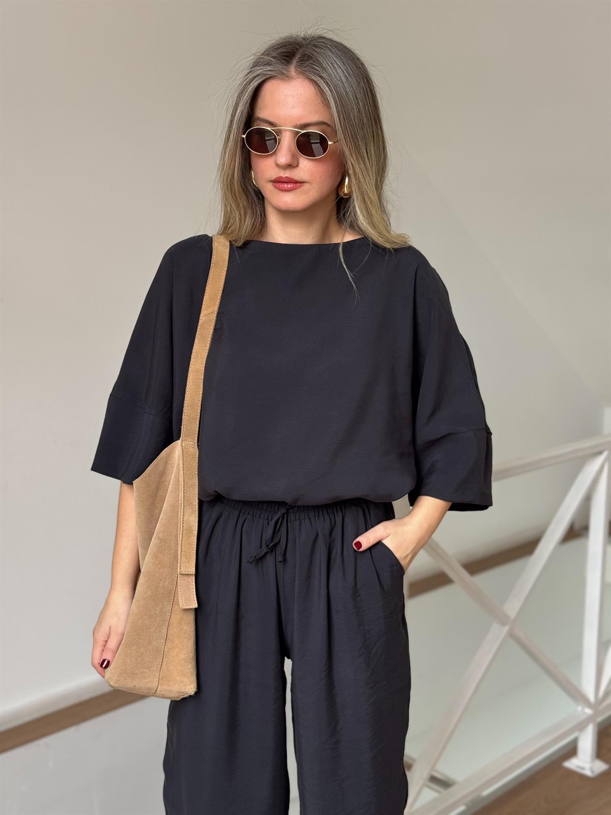 Yarım Kol Salaş Tencel Takım - Siyah