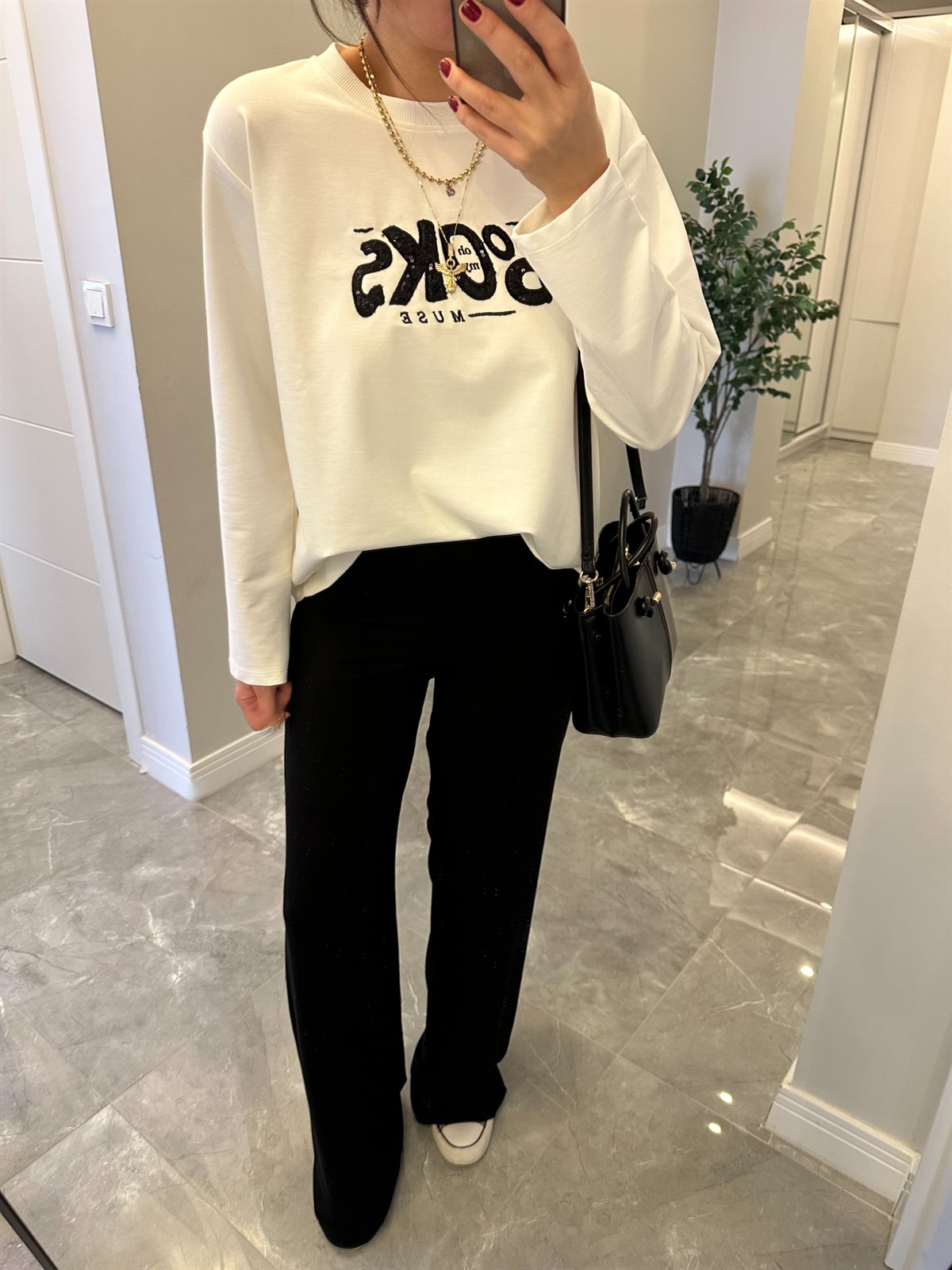 Yazı Baskılı Sweatshirt - Ekru