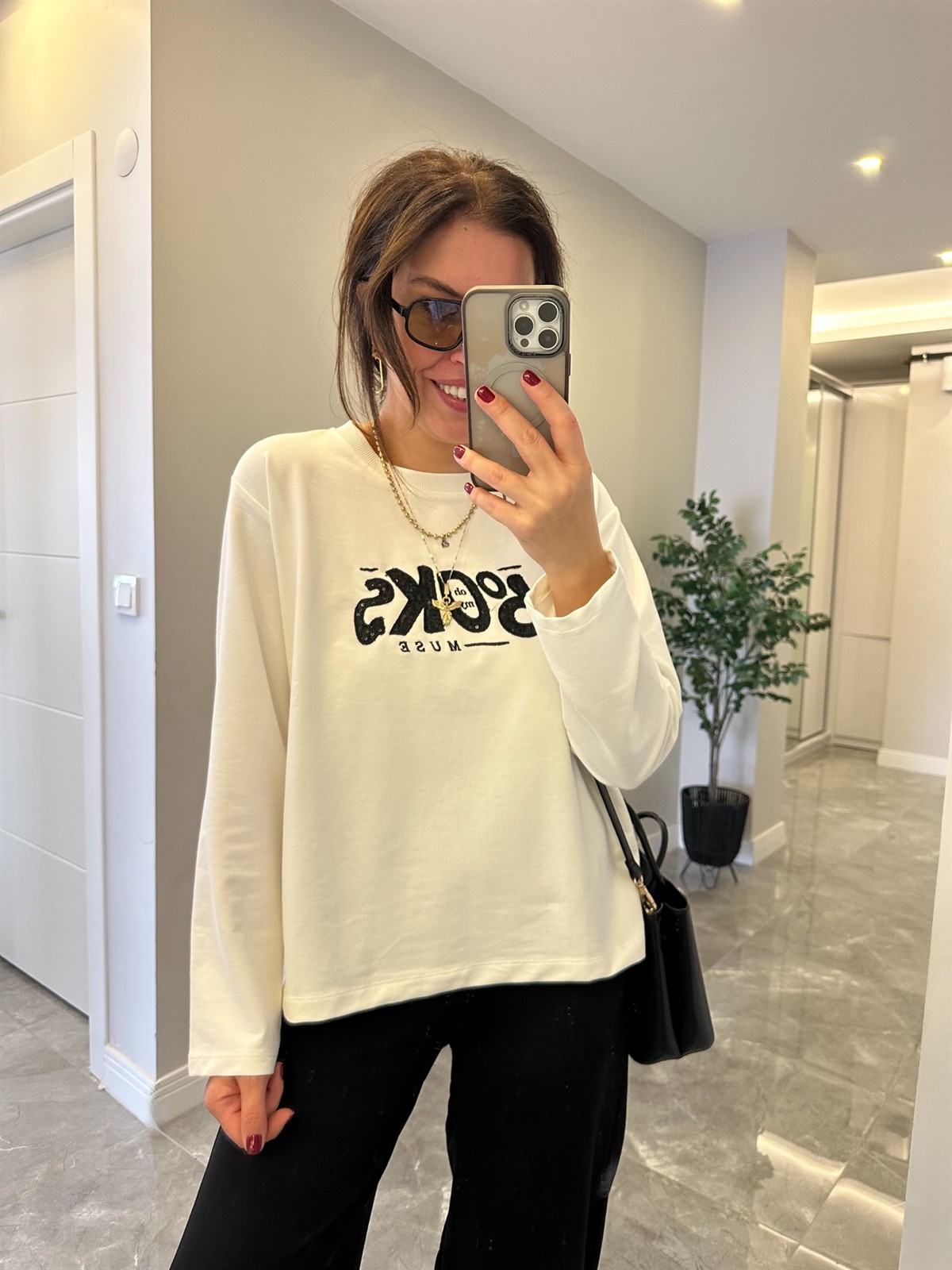 Yazı Baskılı Sweatshirt - Ekru