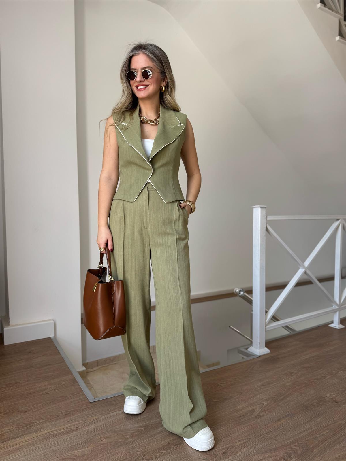 Yeleği Biyeli %100 Keten Premium Takım - Yeşil