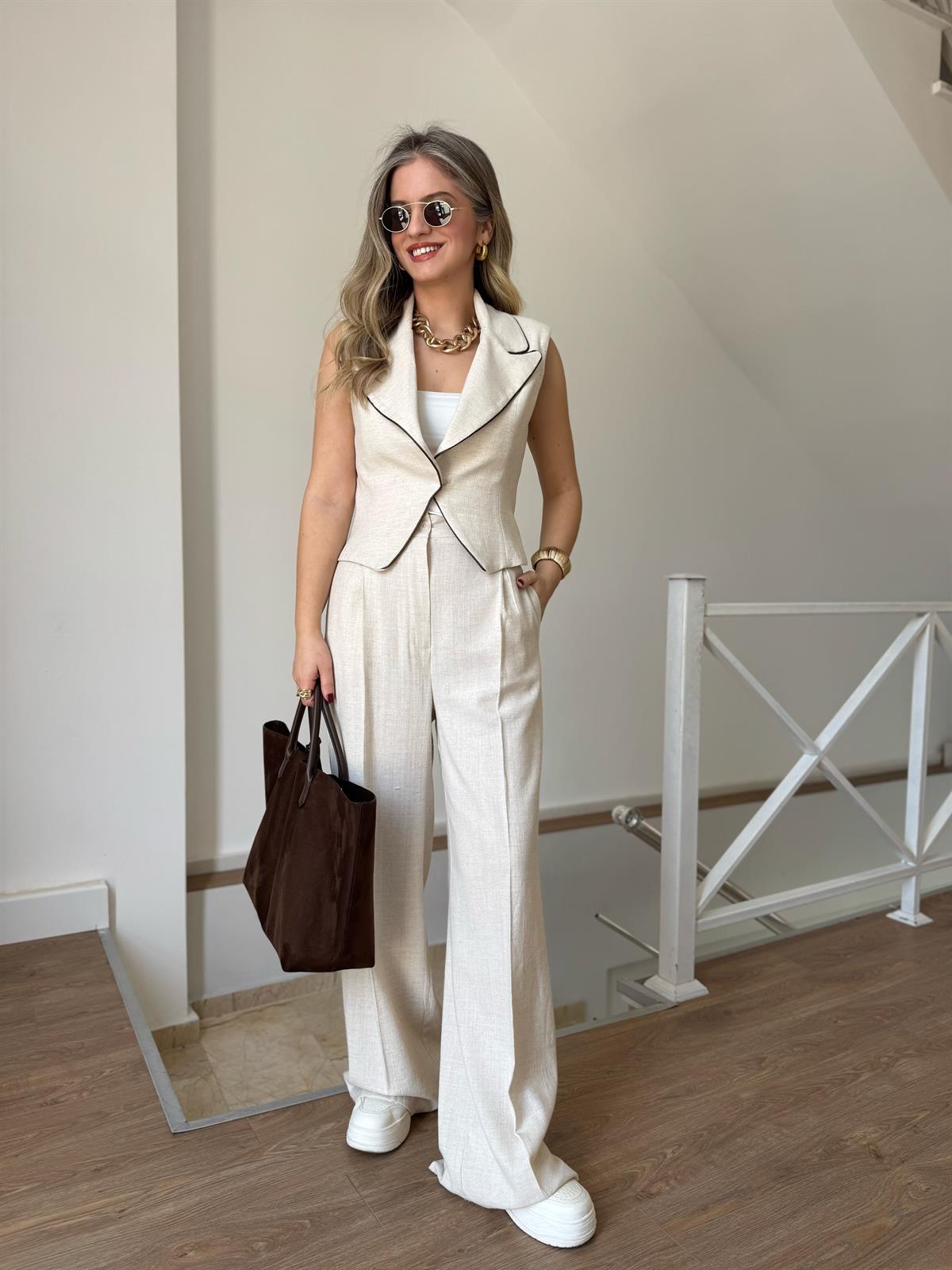 Yeleği Biyeli %100 Keten Premium Takım - Taş