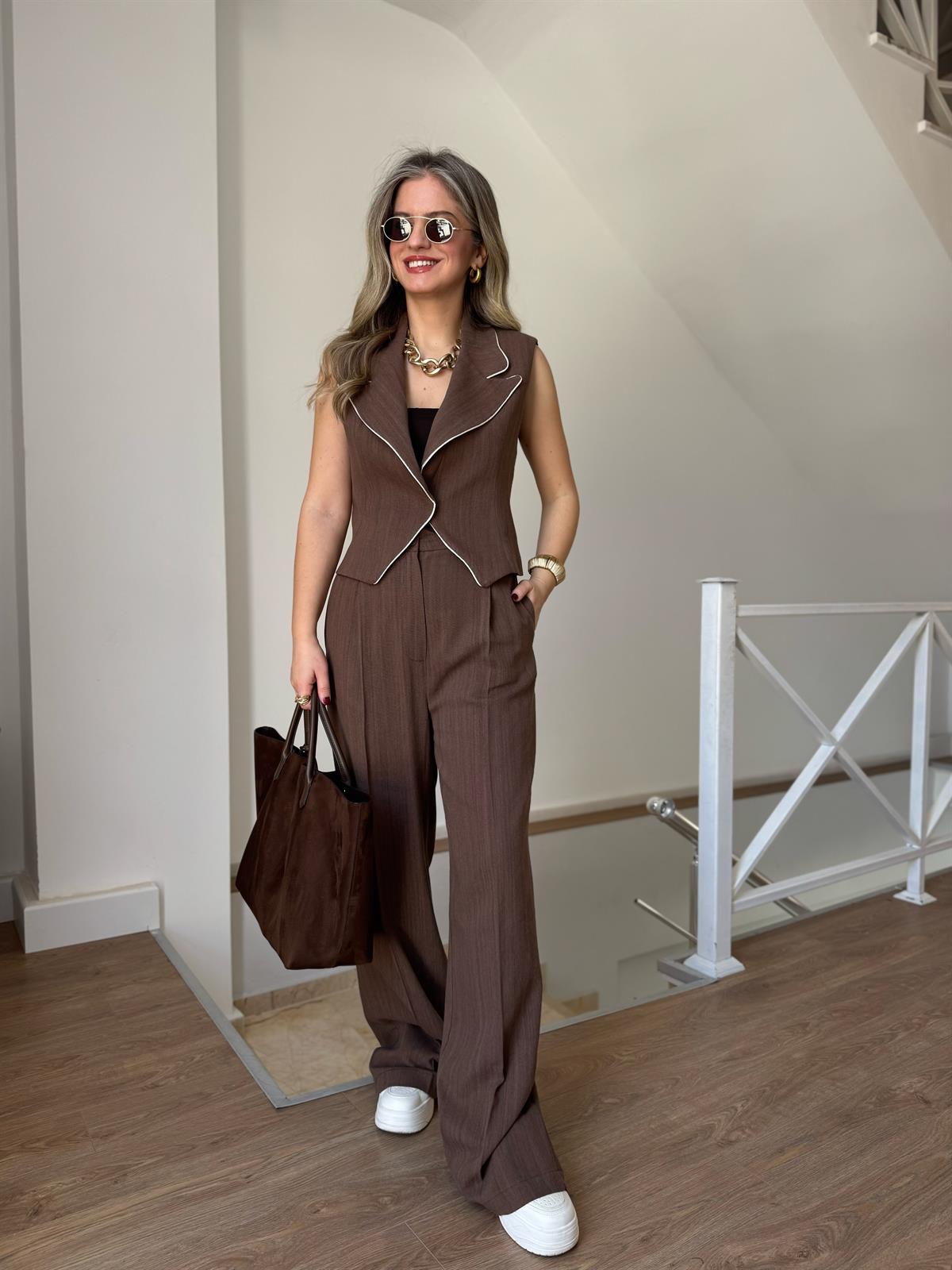 Yeleği Biyeli %100 Keten Premium Takım - Kahverengi