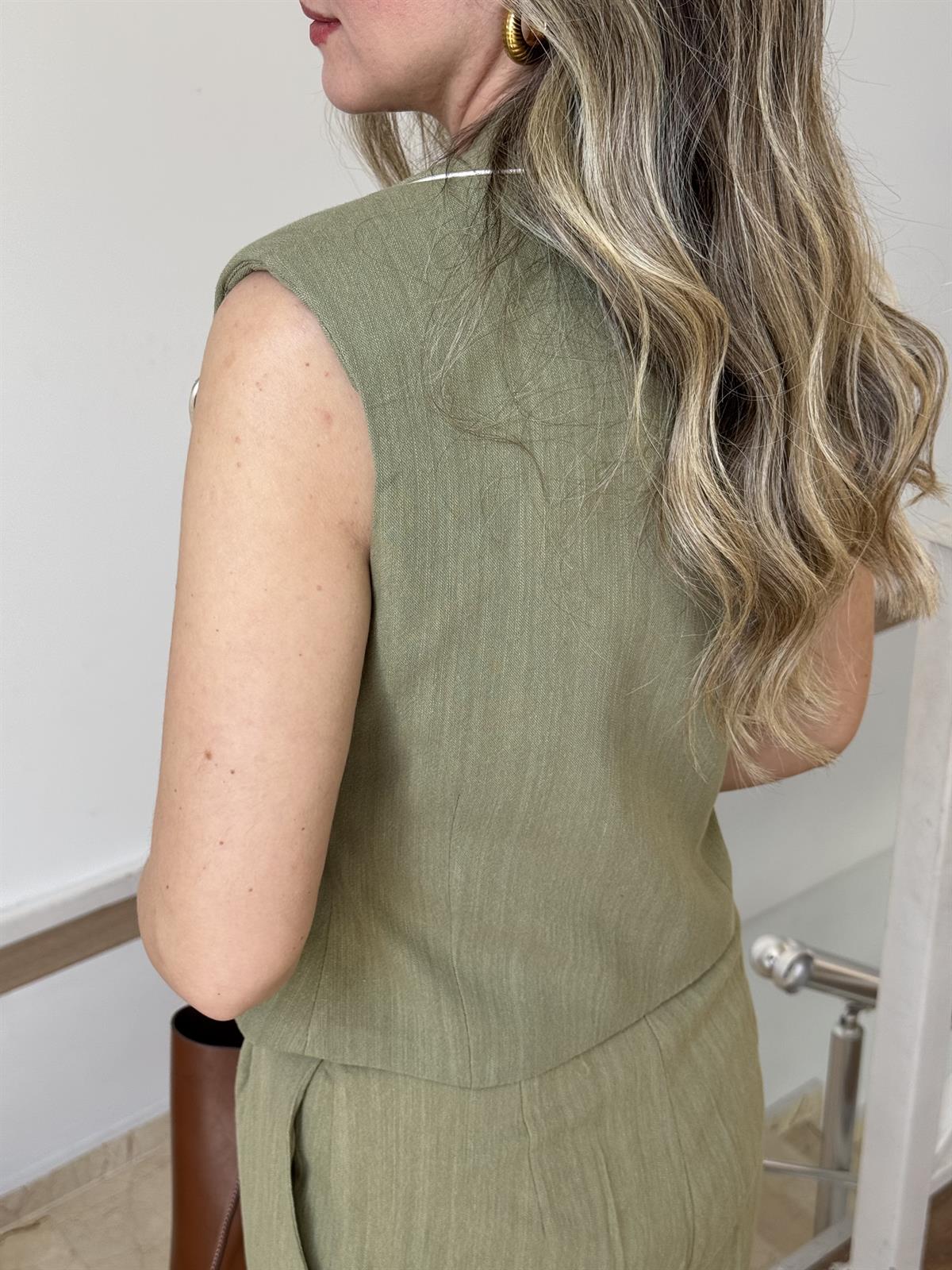 Yeleği Biyeli %100 Keten Premium Takım - Yeşil