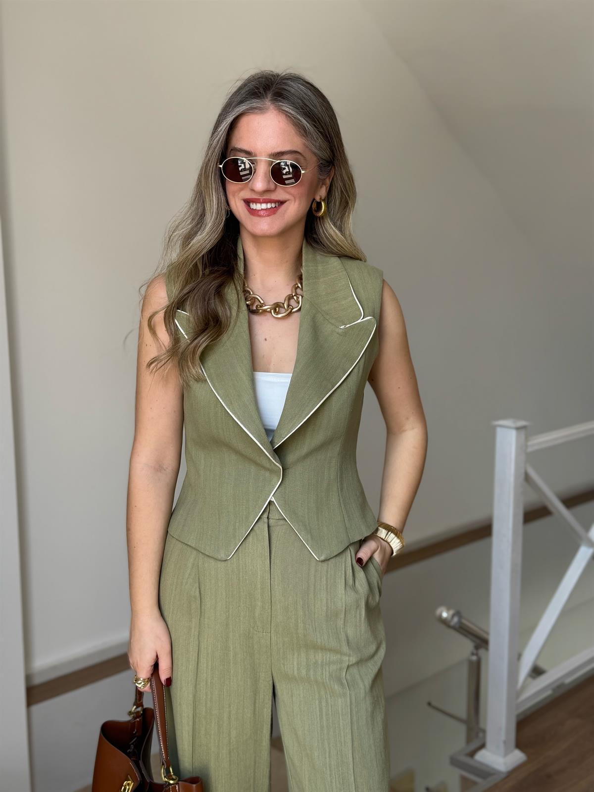 Yeleği Biyeli %100 Keten Premium Takım - Yeşil