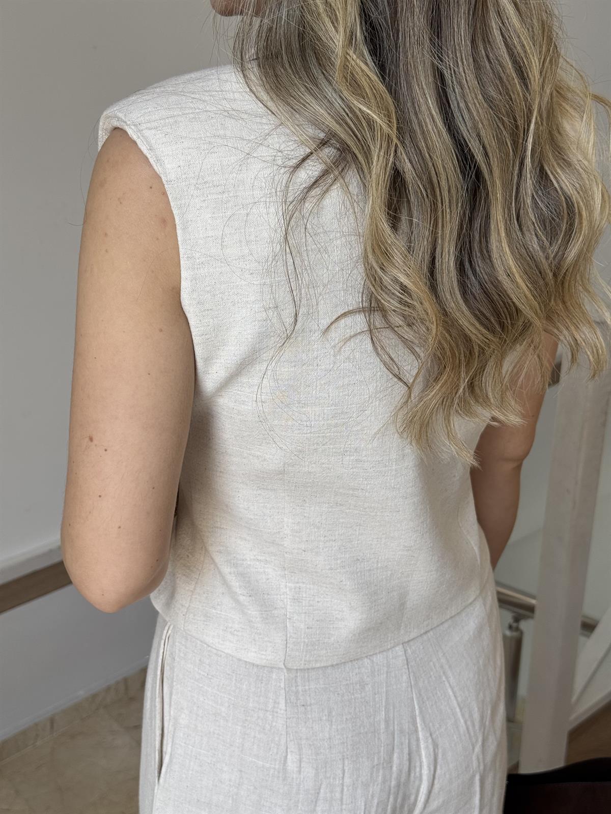 Yeleği Biyeli %100 Keten Premium Takım - Taş