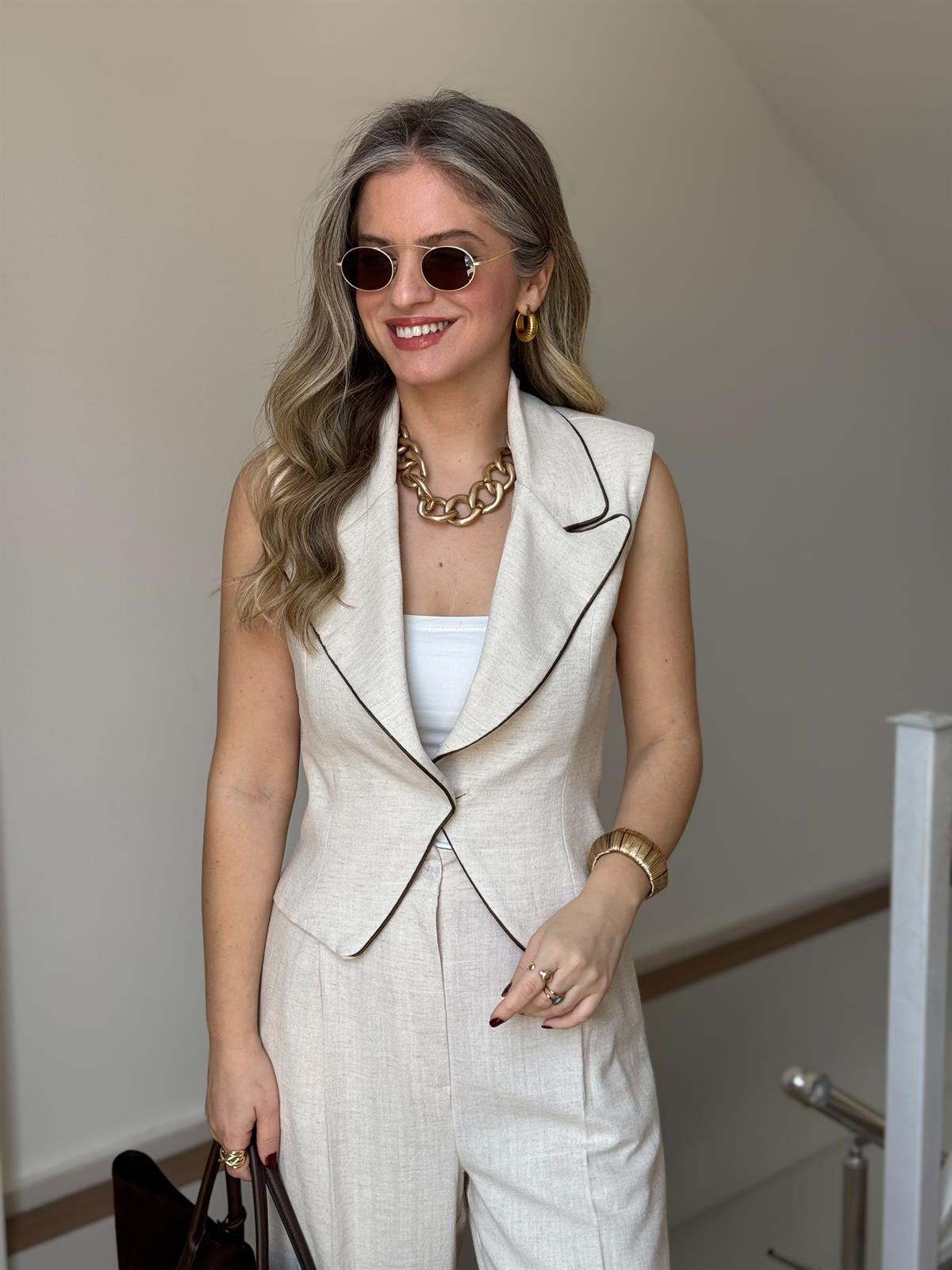 Yeleği Biyeli %100 Keten Premium Takım - Taş