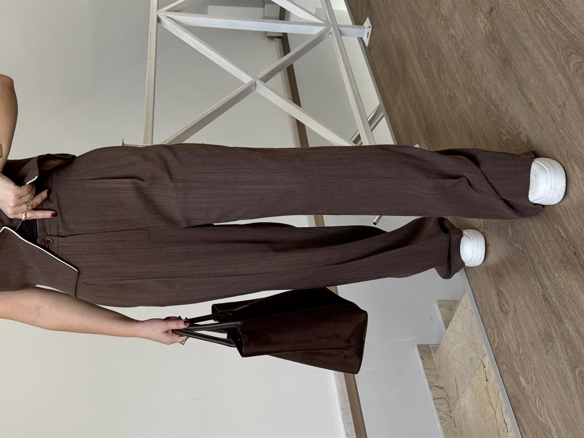 Yeleği Biyeli %100 Keten Premium Takım - Kahverengi