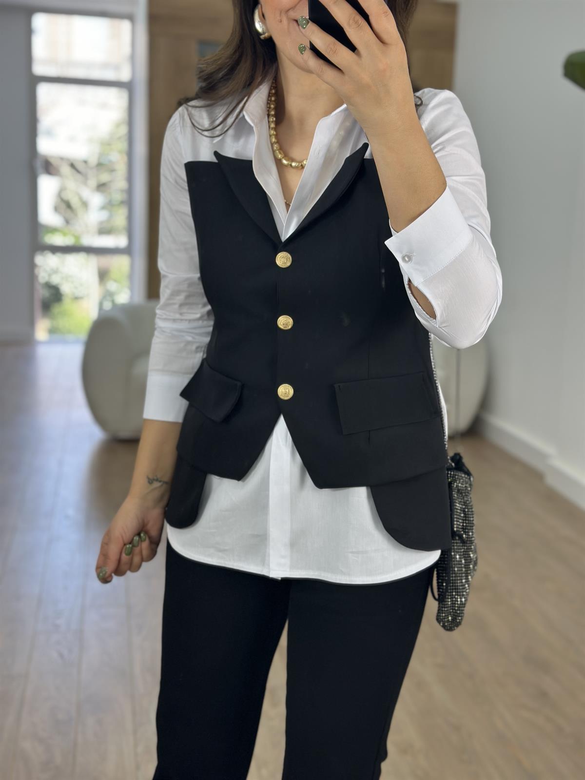 Yelek Garnili Gold Düğmeli Tasarım Gömlek