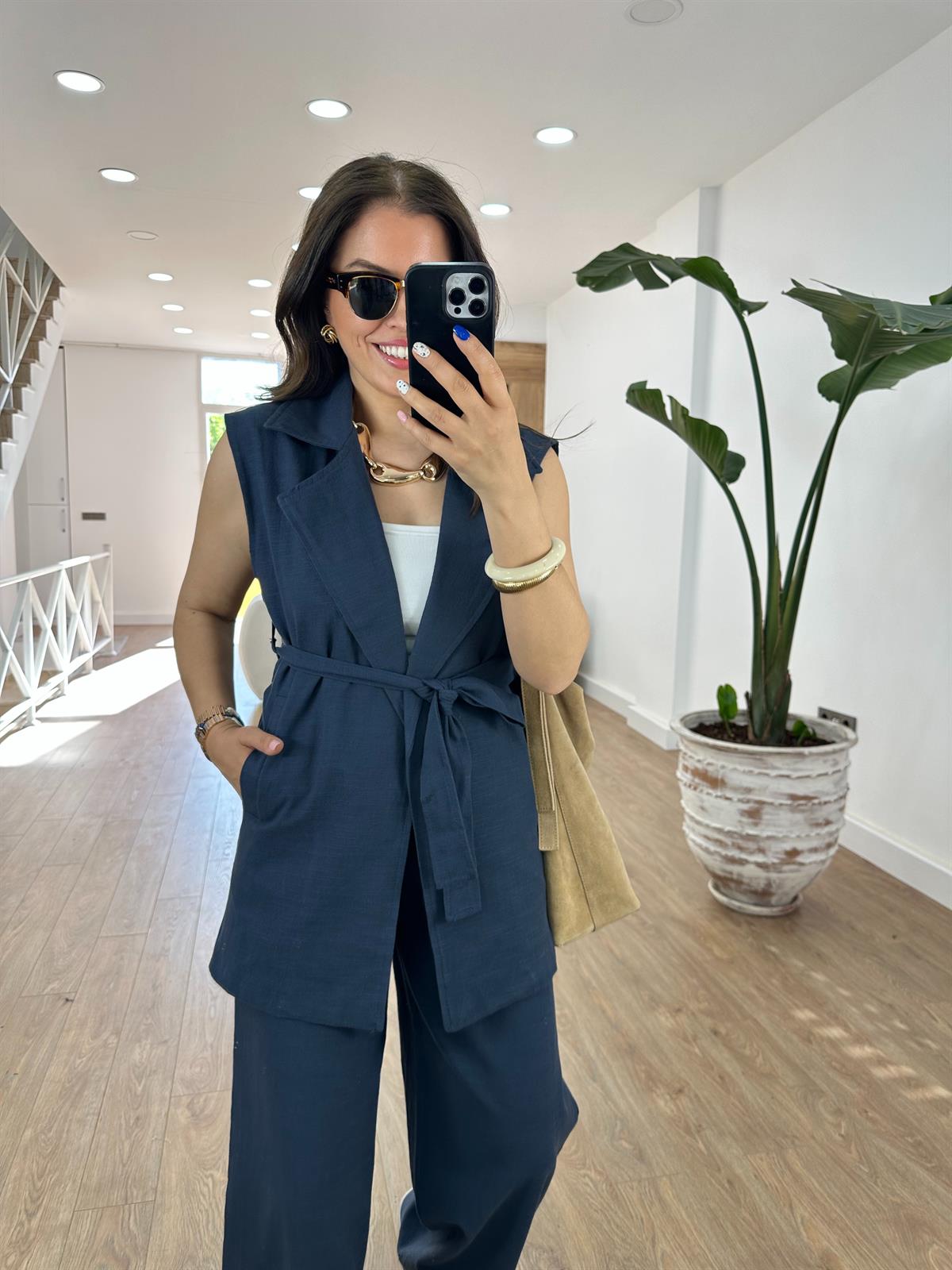 Yelekli Keten Takım-Lacivert