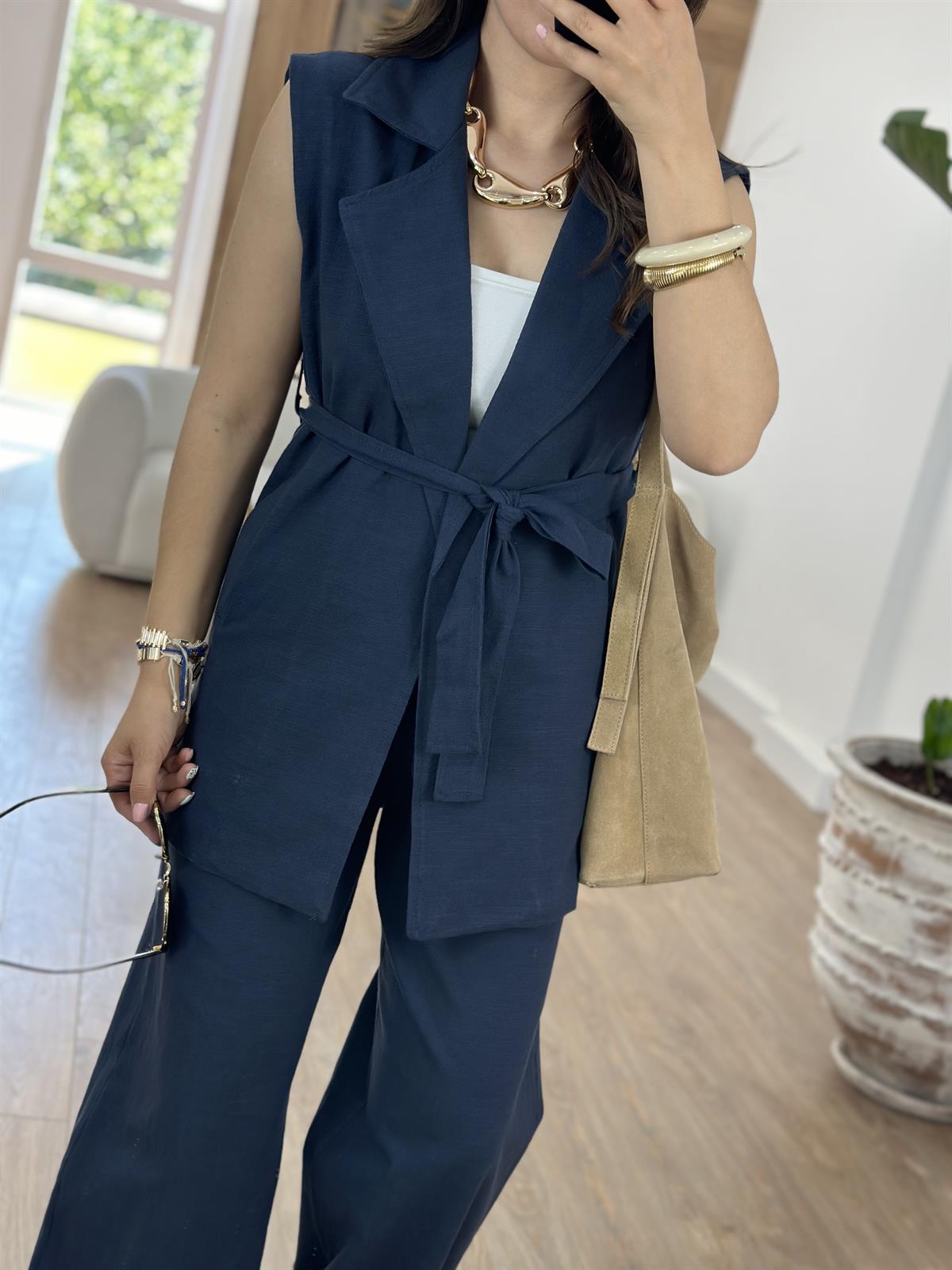 Yelekli Keten Takım-Lacivert