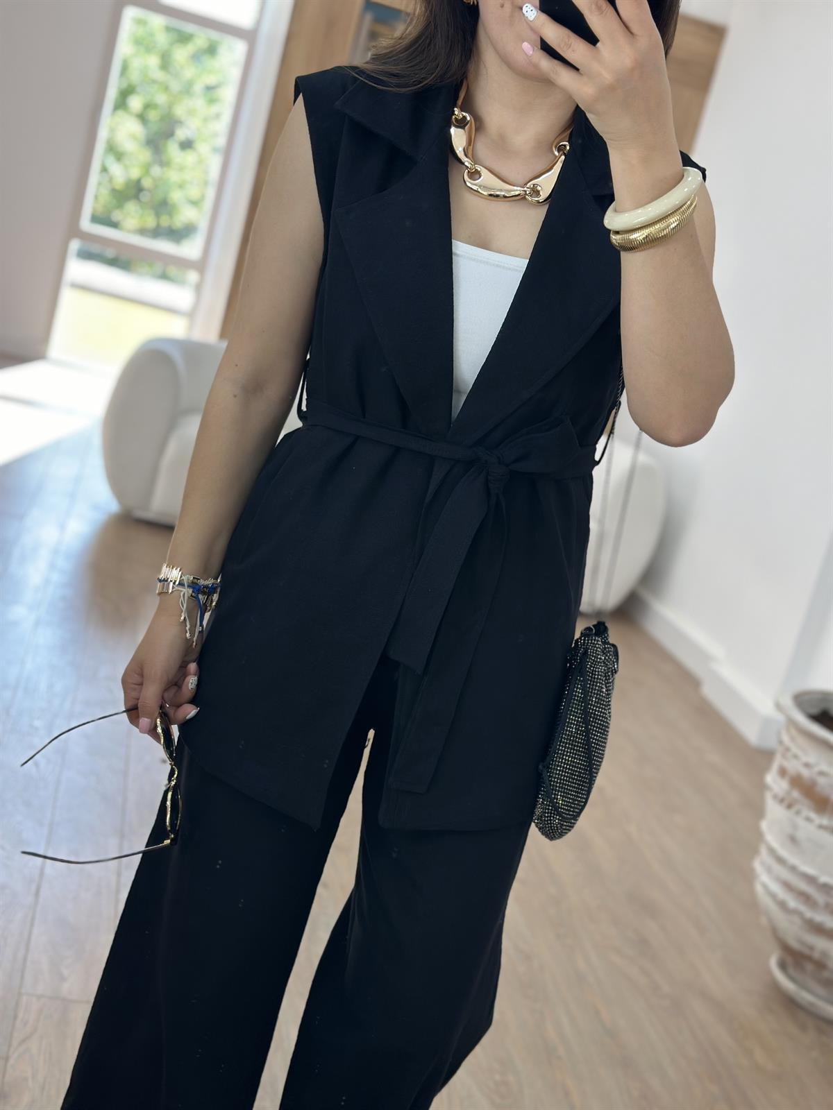 Yelekli Keten Takım-Siyah