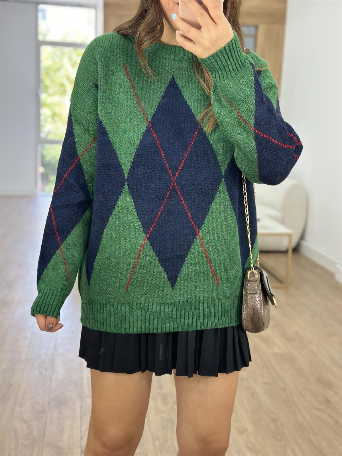 Yeşil Lacivert Baklava Desenli Kazak