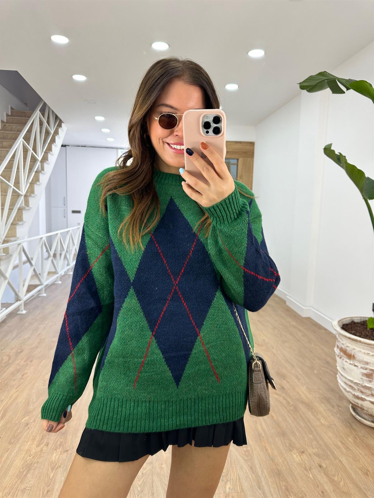 Yeşil Lacivert Baklava Desenli Kazak