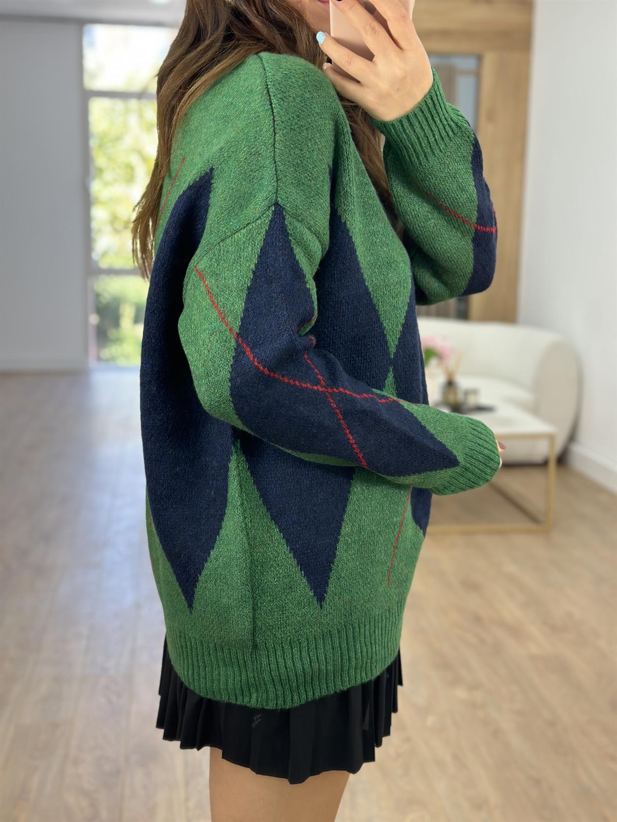 Yeşil Lacivert Baklava Desenli Kazak