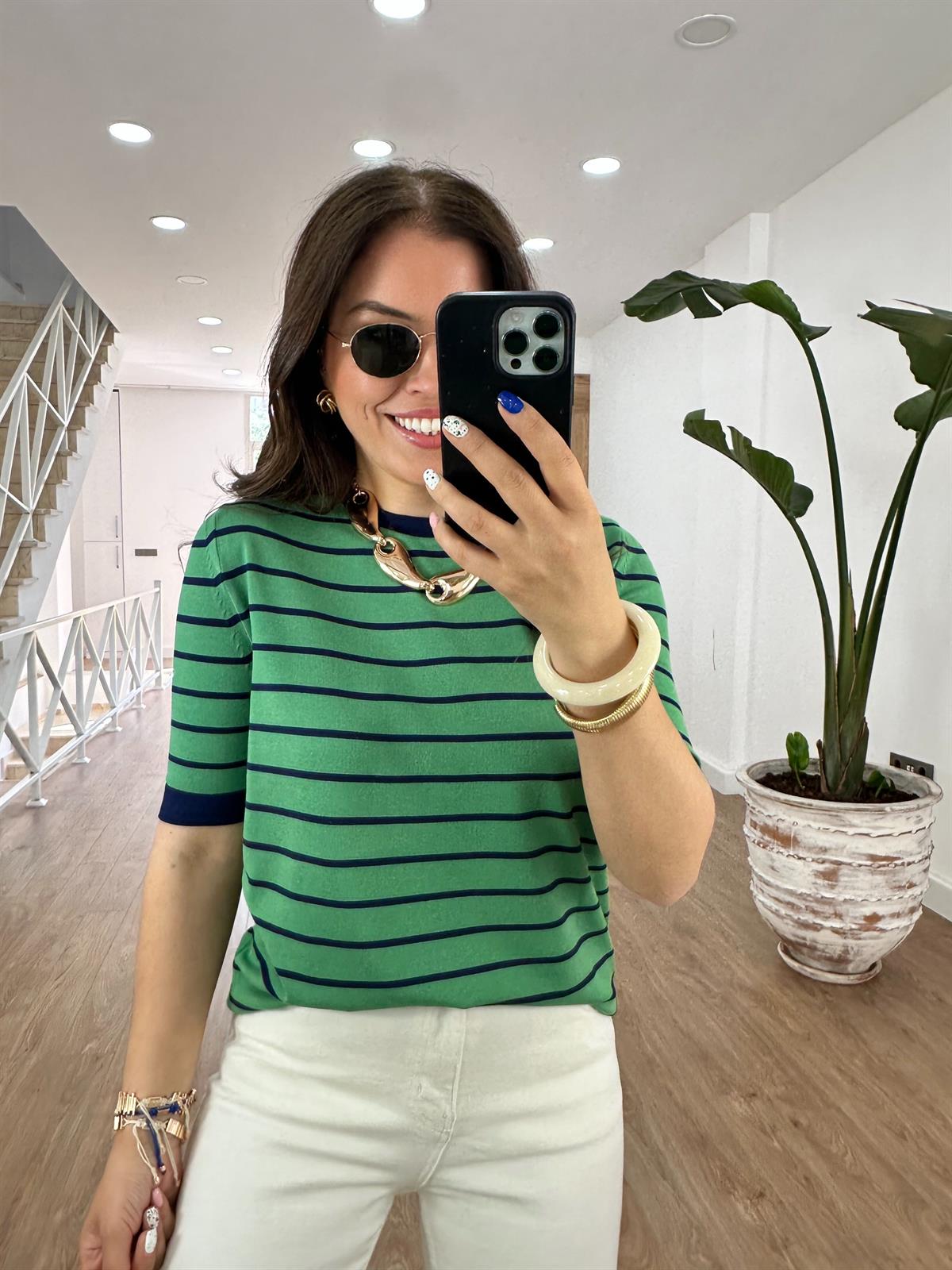 Yeşil Üzeri Lacivert Çizgili Merserize Triko