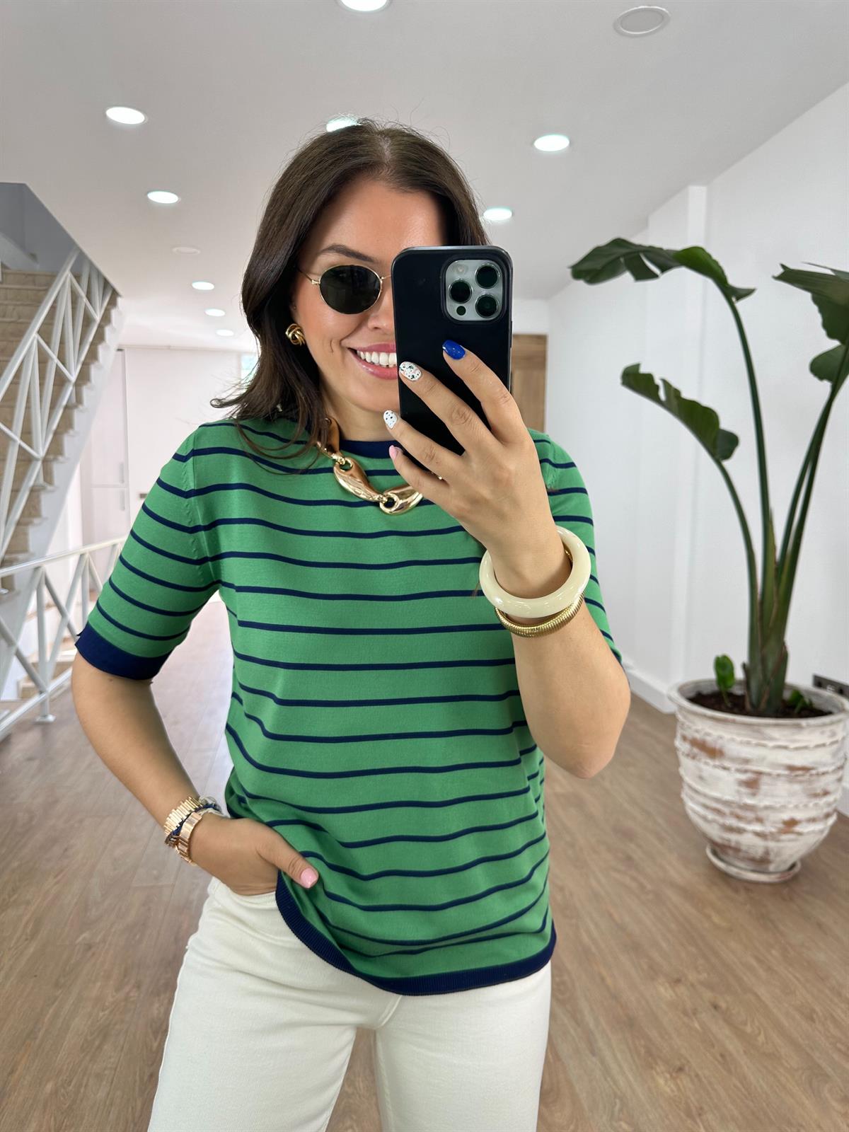 Yeşil Üzeri Lacivert Çizgili Merserize Triko