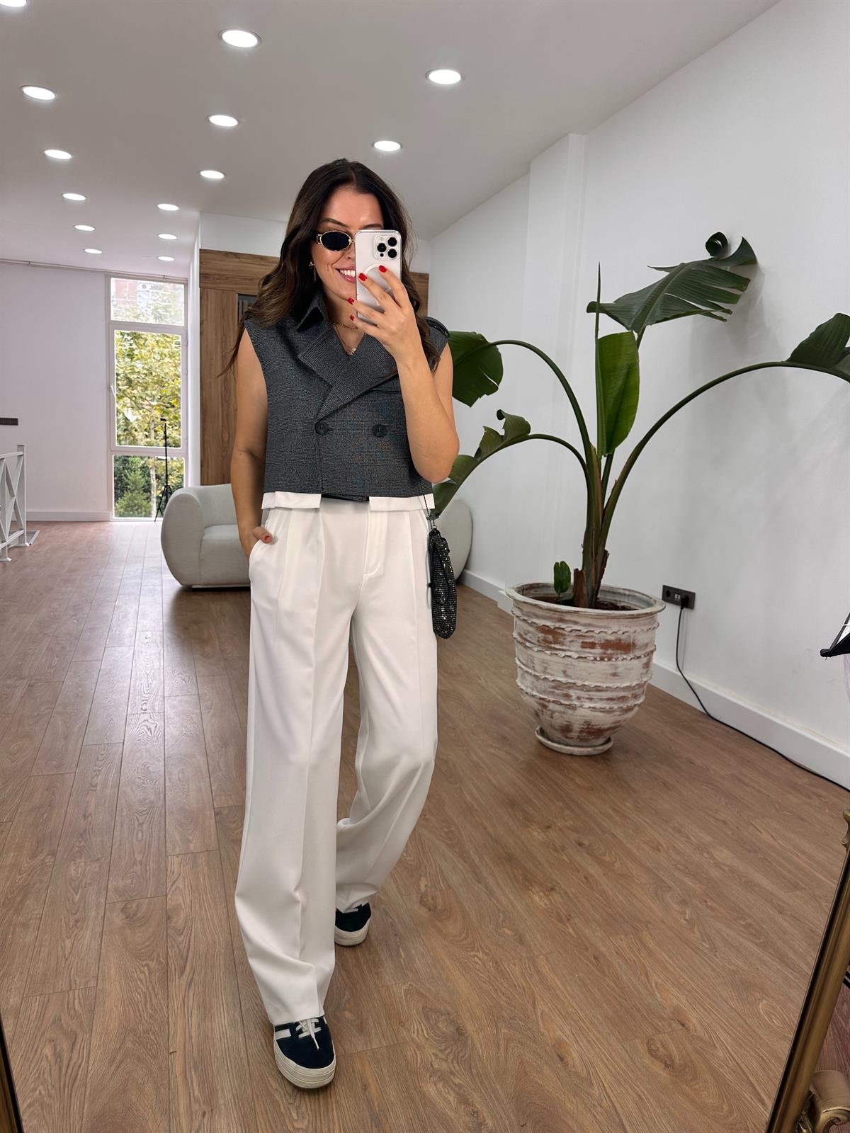 Yüksek Bel Bol Paça Palazzo Pantolon - Beyaz