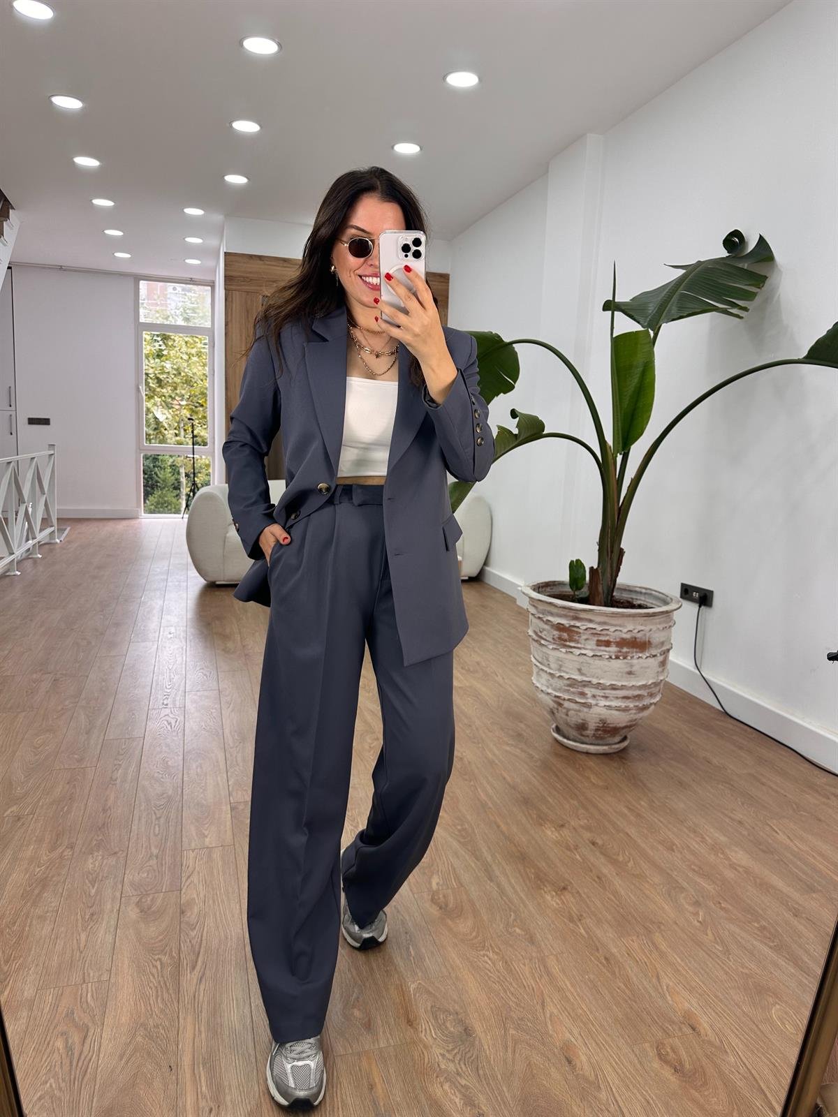 Yüksek Bel Bol Paça Palazzo Pantolon - Füme