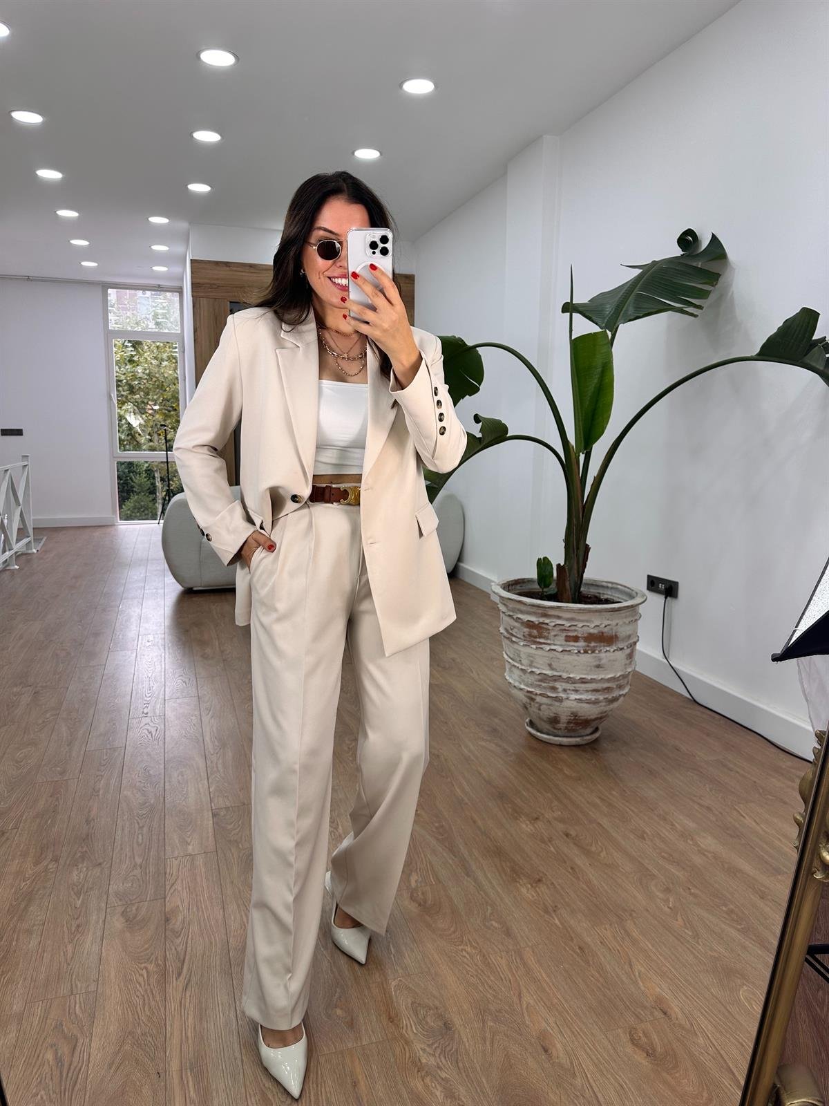 Yüksek Bel Bol Paça Palazzo Pantolon - Bej