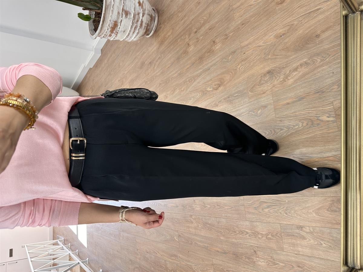 Yüksek Bel Çift Pileli Palazzo Pantolon-Siyah