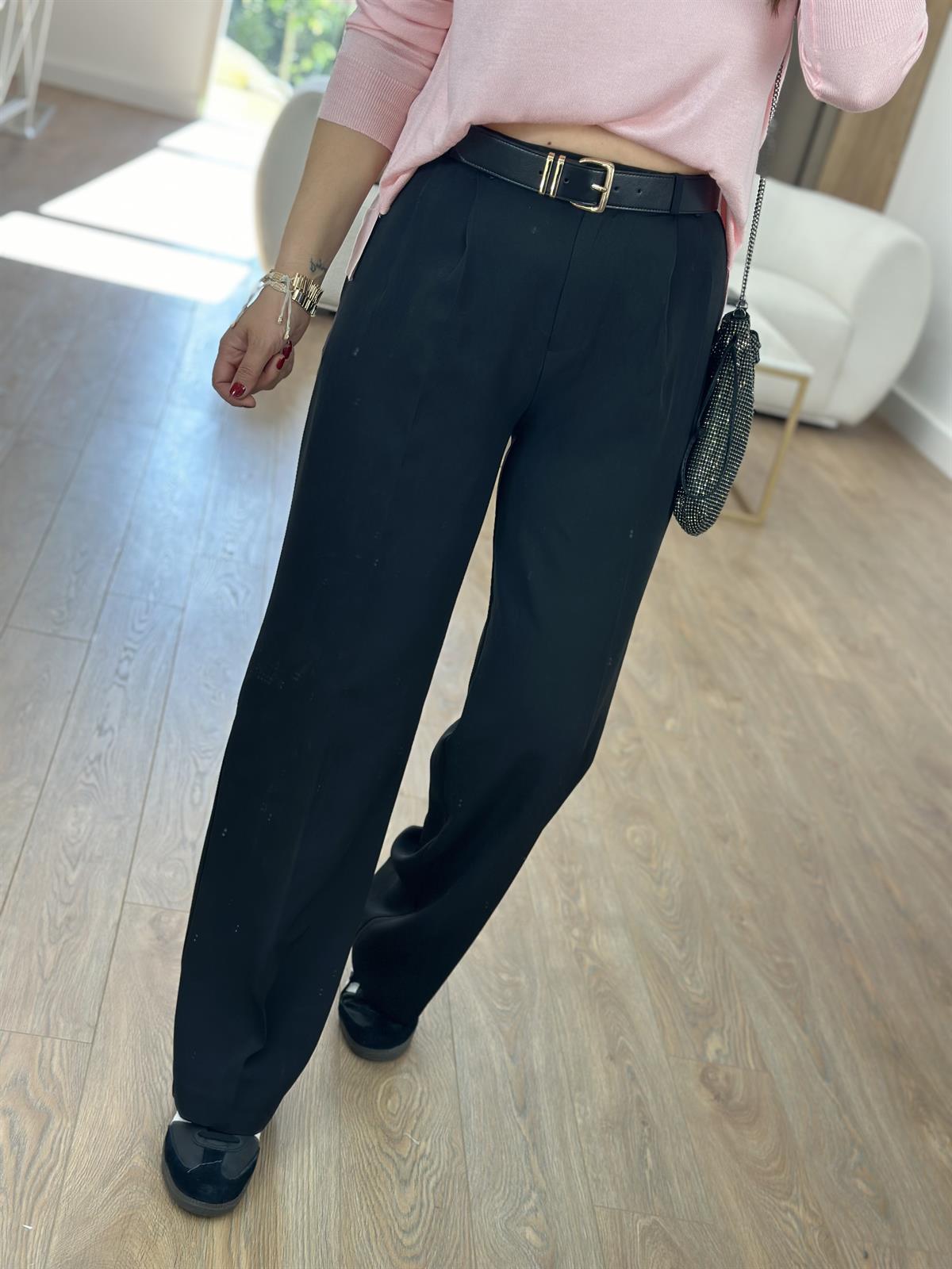 Yüksek Bel Çift Pileli Palazzo Pantolon-Siyah