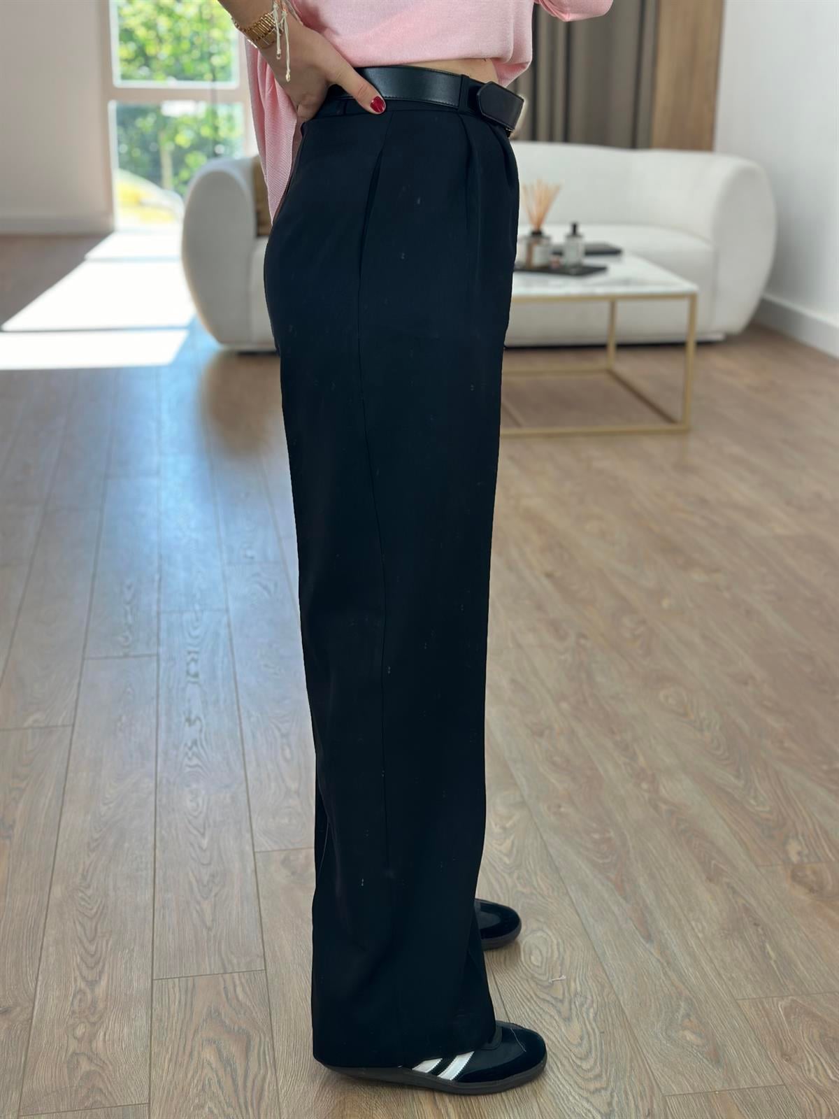 Yüksek Bel Çift Pileli Palazzo Pantolon-Siyah